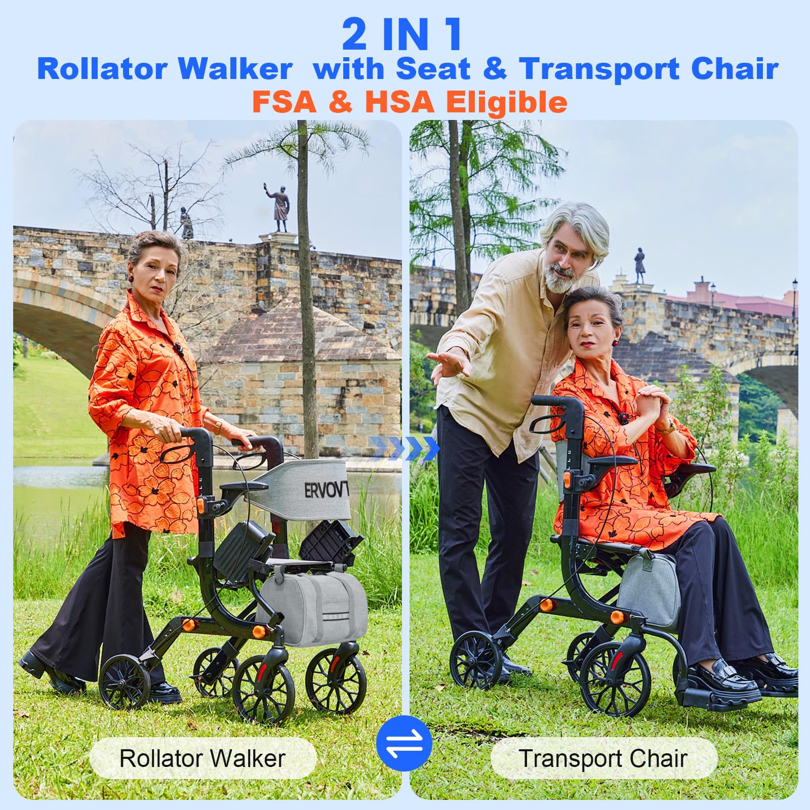 2-in-1 Walkers for Seniors with Seat & Transport Wheelchair Combo,All-Terrain Rolling Walker,Adjustable Height for Indoor Outdoor Mobility with Brakes & Storage Pouch