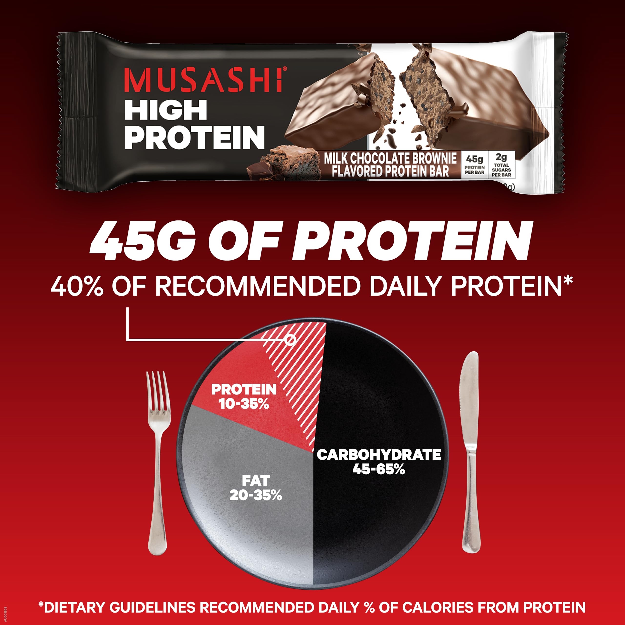 MUSASHI High Protein Bar, 45g Protein, 2g Total Sugars, Milk Chocolate Brownie, Post Workout and Protein Snack On The Go, 12 Pack of 3.2oz (90g) Bars