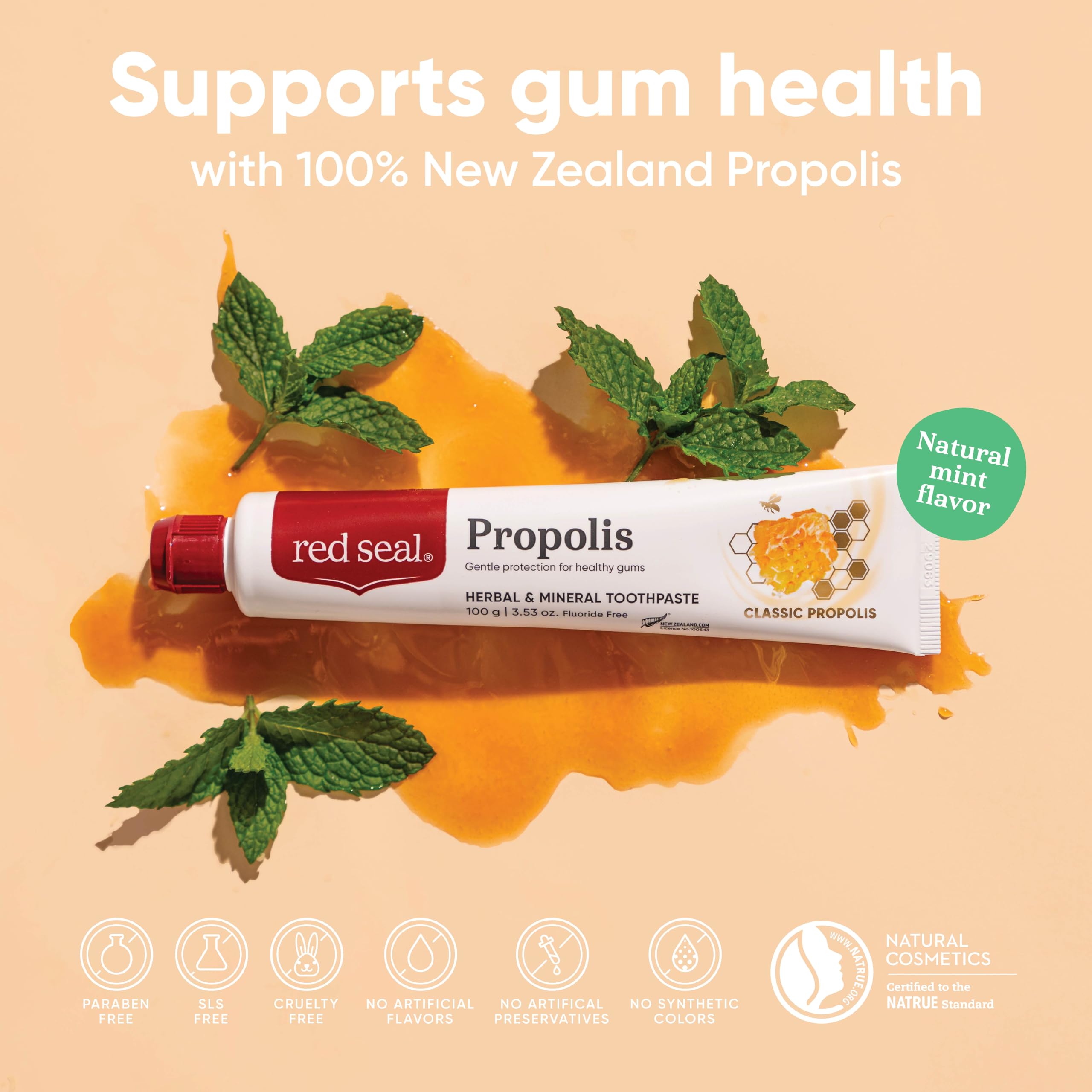 Red Seal Propolis Herbal & Mineral Natural Toothpaste - Fluoride Free, Organic Toothpaste, NATRUE Certified Natural - Natural Gum Health and Oral Hygiene, Prevents Plaque, Vegan, Cruelty-Free, 3.53 oz