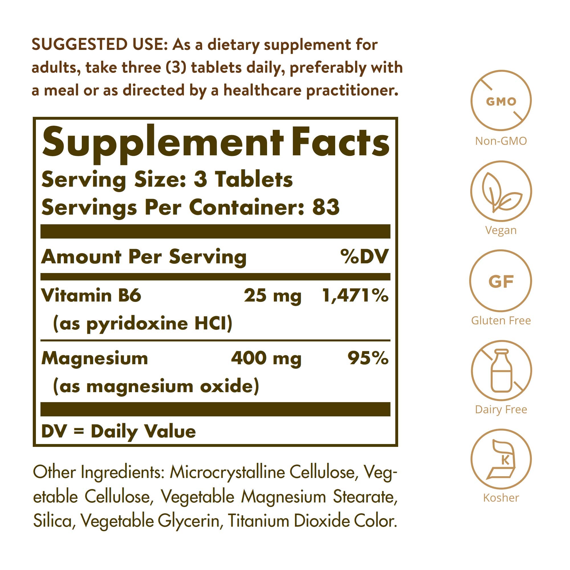 Solgar Magnesium with Vitamin B6, 250 Tablets - Promote Healthy Bone Mineralization, Support Nerve & Muscle Function, Energy Metabolism - Non-GMO, Vegan, Gluten Free, Dairy Free, Kosher - 83 Servings