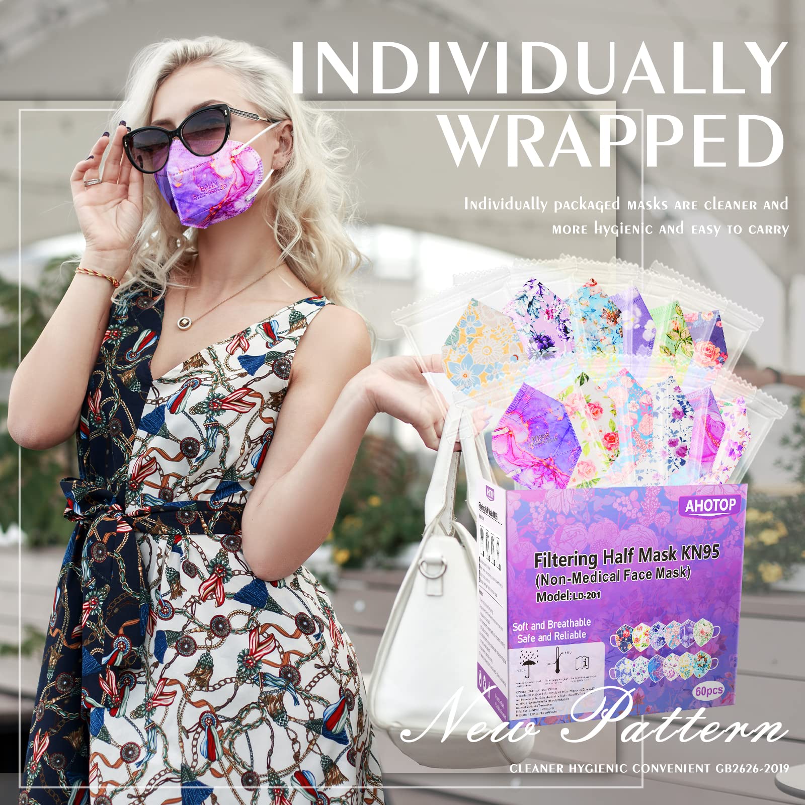 AHOTOP KN95 Face Masks, 60 Pack Individually Wrapped KN95 Masks, 5 layer Colorful Floral Face Mask with Design for Adults Women Men