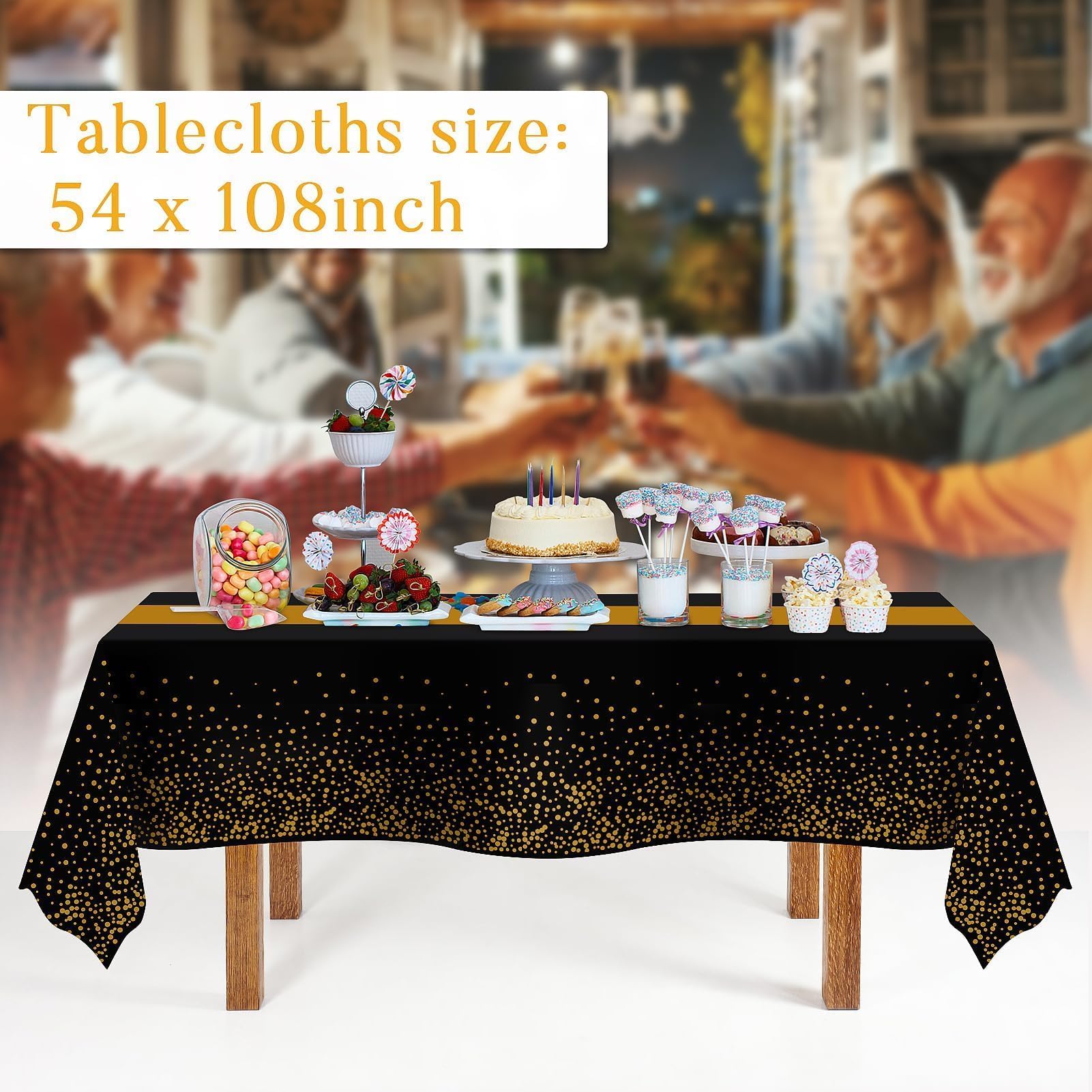 3 Pack New Years Tablecloth,Black and Gold Tablecloths for Rectangle Tables,New Years Decorations,54" x 108" Disposable Plastic Table Cloth for Parties,Birthday Party Decorations,Graduation,Wedding