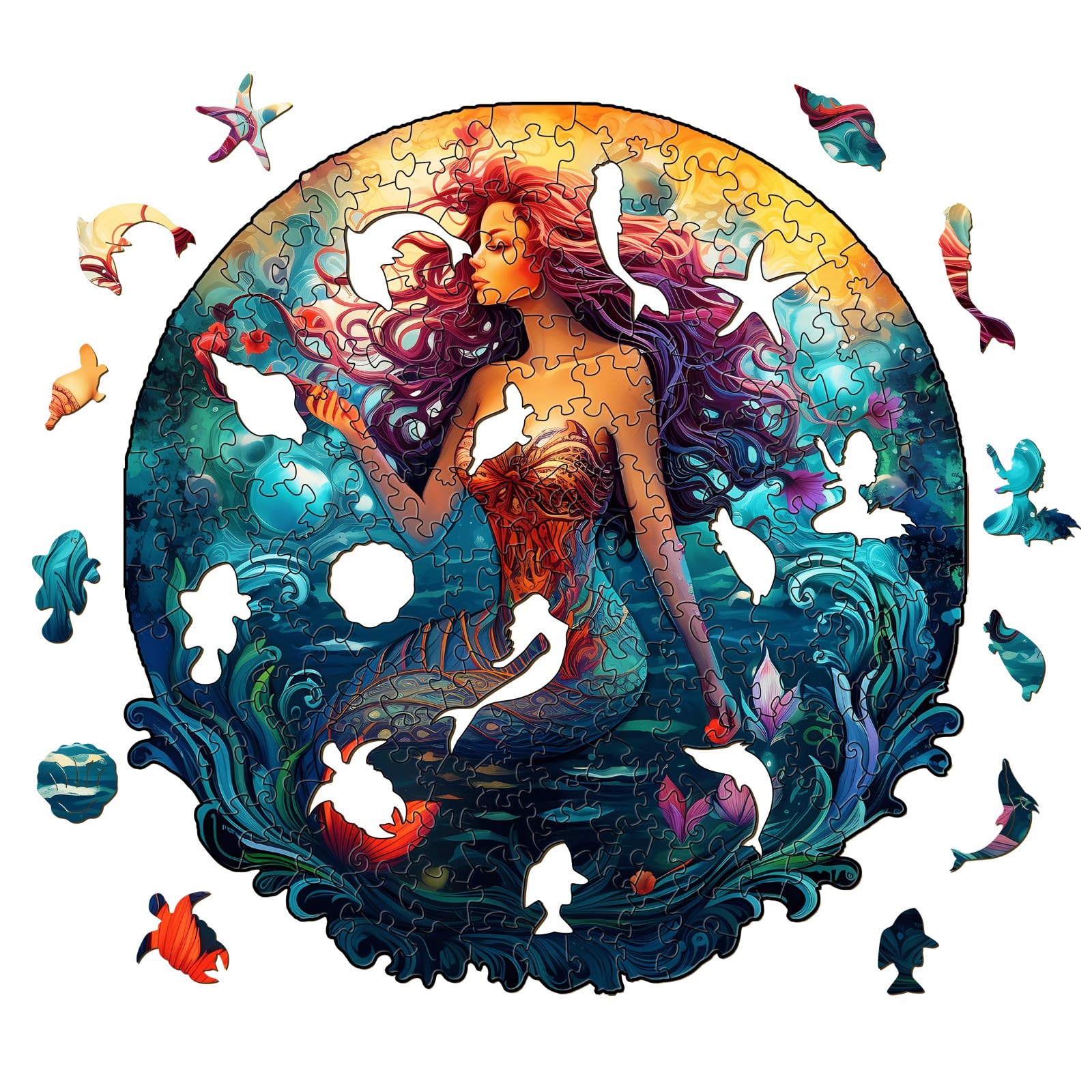 BLUMUZE Deep-Sea Mermaid Wood Puzzle for Adults 11.4 * 10.7In 200 Pcs, Wooden Jigsaw Puzzles with Unique Animals Pieces, Beautiful Mermaid Princess Puzzle, Advanced Christmas Puzzle Gift for Kids