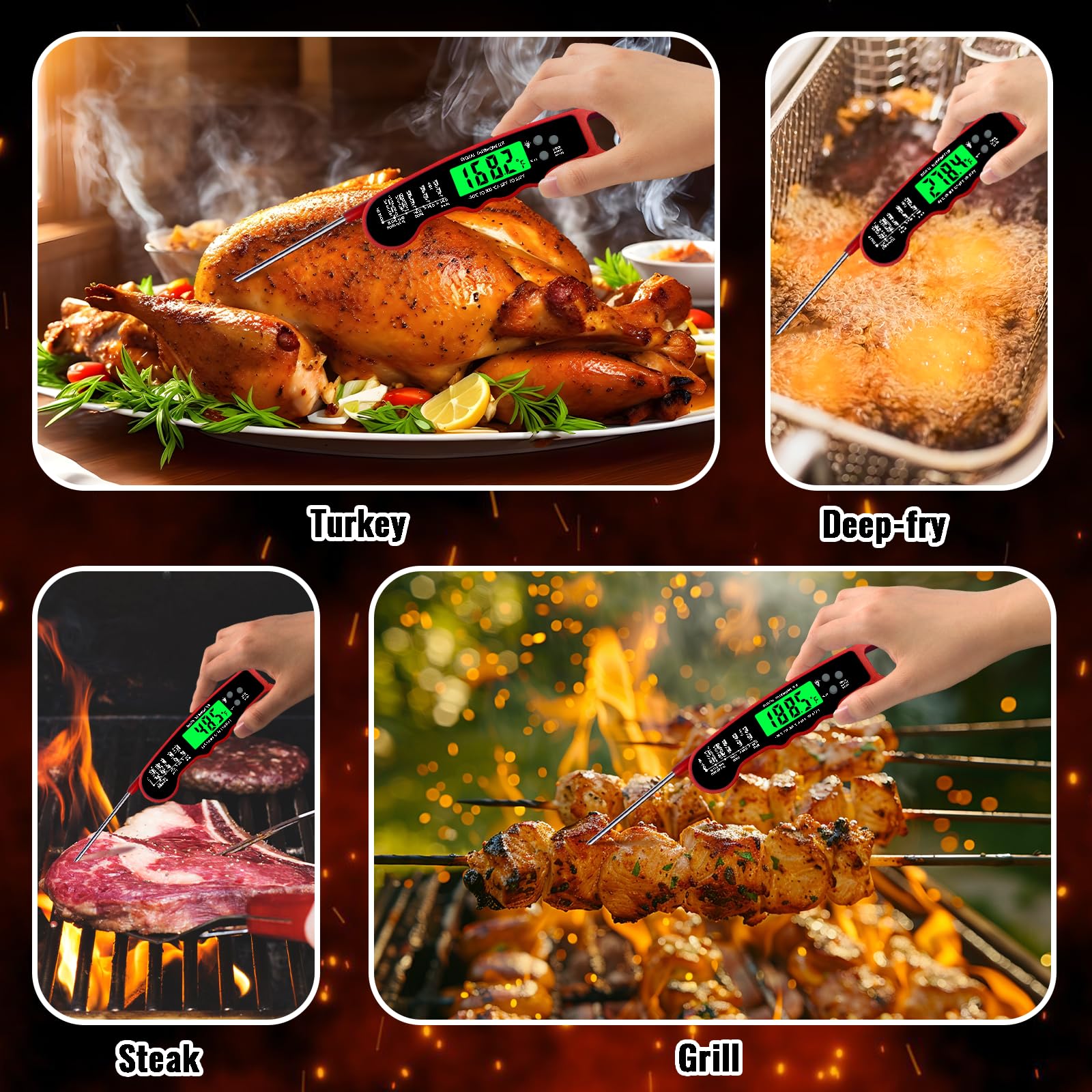 Meat Thermometer Digital, IP67 Waterproof Food Thermometer for Cooking and Baking, Instant Read Meat Thermometer with Backlight, Hold Function & Magnet for Kitchen, Beef, Grill, BBQ, Candy, Turkey