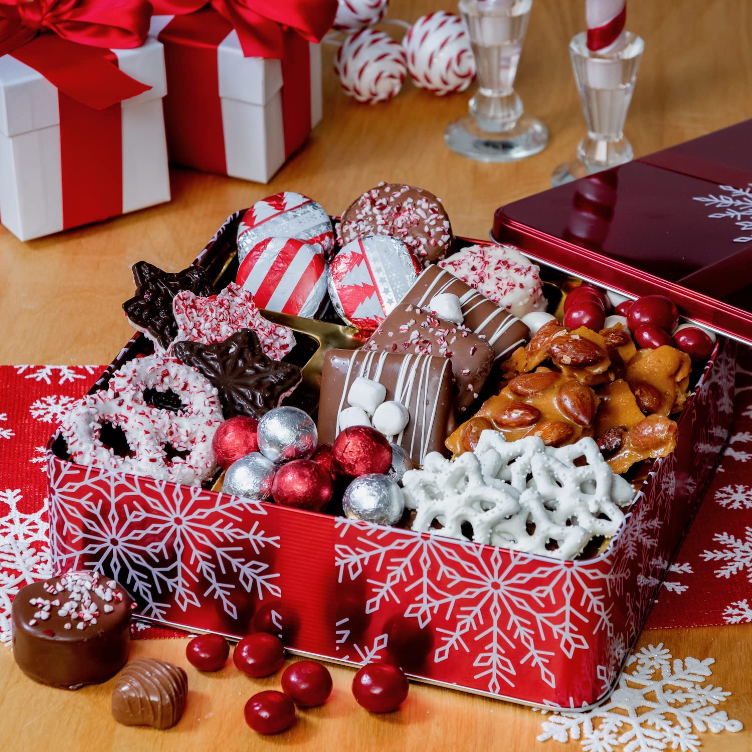 Bonnie and Pop's Holiday Tin- with Assorted Christmas Chocolate, Cookies, Pretzels – Festive, Corporate, Family, Gift Basket Idea for Men and Women (Extra Large)