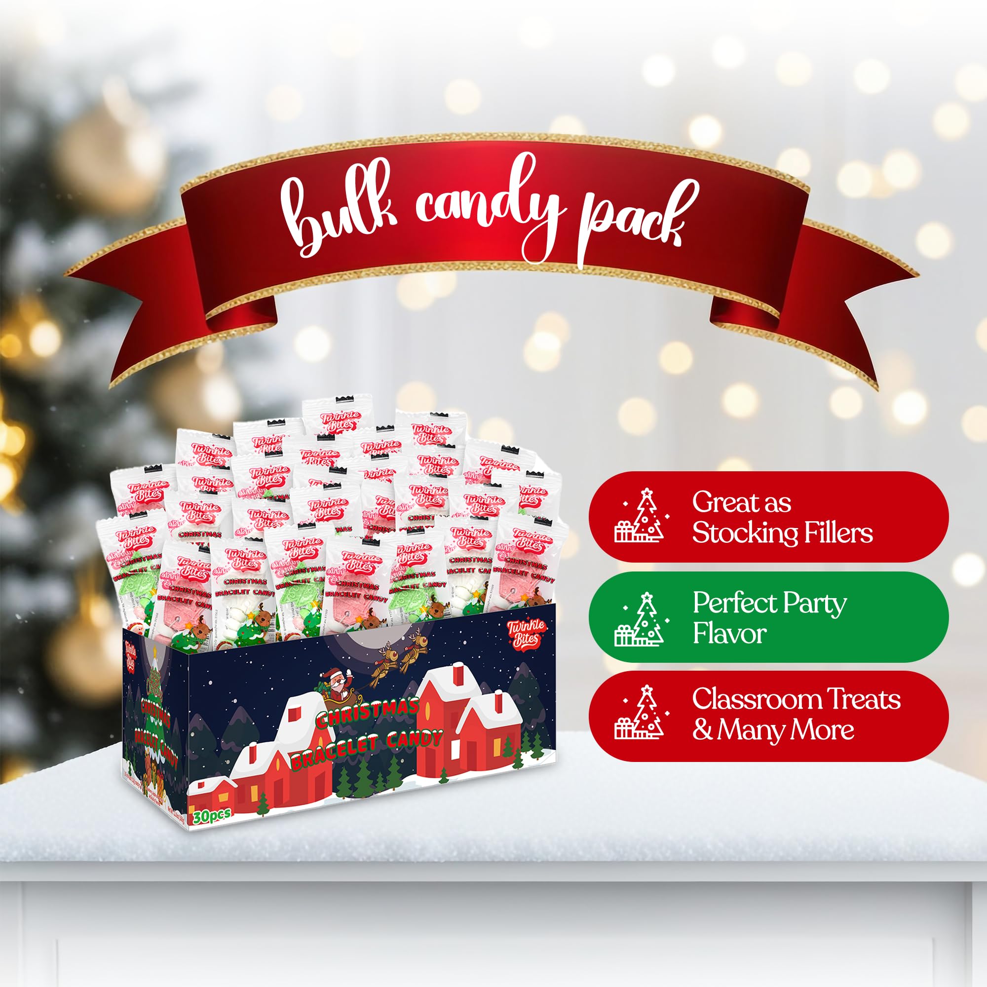 30 Pack Candy Bracelets - Individually Wrapped Christmas Holiday Themed Designs & Delicious Flavor -Bulk Christmas Candy Use For Stocking Stuffers, Party Favor, Classroom & Office Treats, Candy Jar Fillers