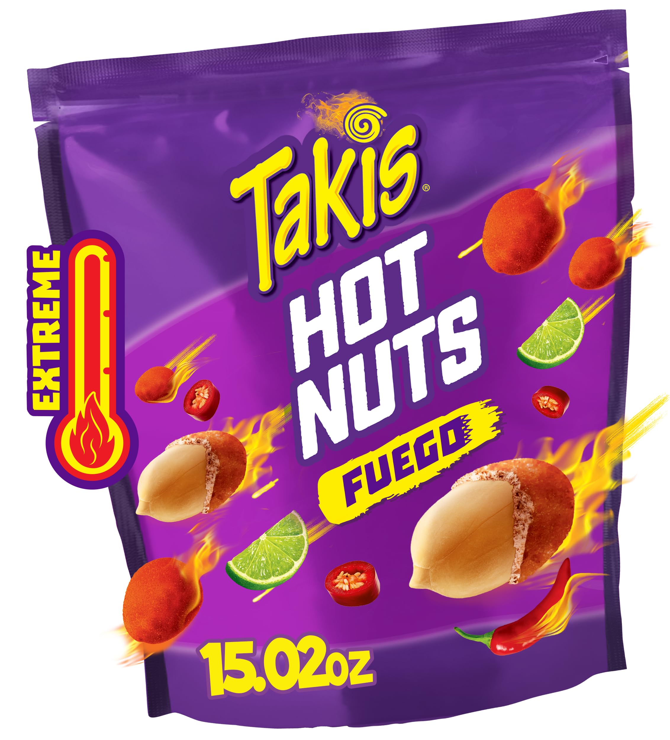 Takis Fuego Hot Nuts 15.02 oz Sharing Size Resealable Bag, Hot Chili Pepper & Lime Flavored Extreme Spicy Double-Crunch Peanuts