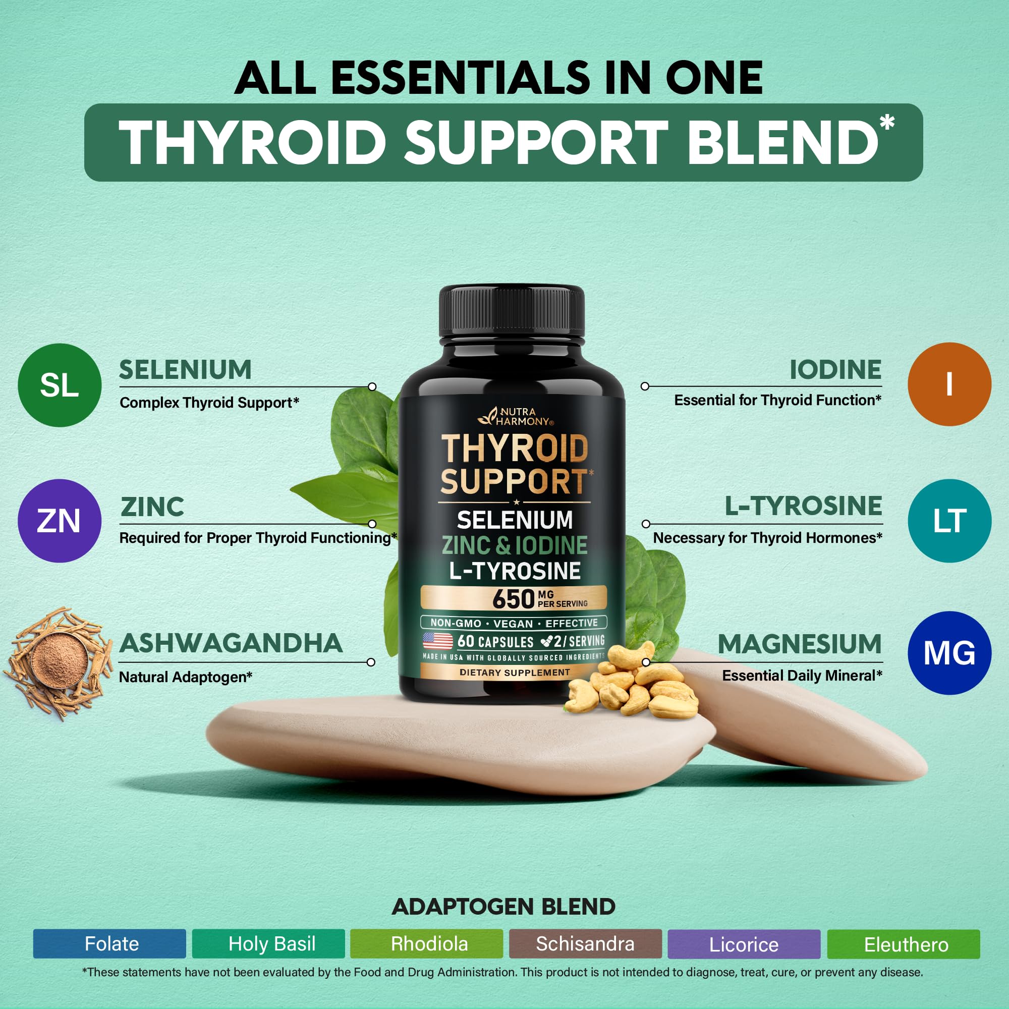Thyroid Support for Women - Selenium 200 mcg | Astragalus | Zinc & Iodine | L-Tyrosine | Adaptogen Herbs - 21-in-1 Antioxidant & Immune Support - Made in USA - Vegan, Non-GMO, Lab Tested - 60 Capsules