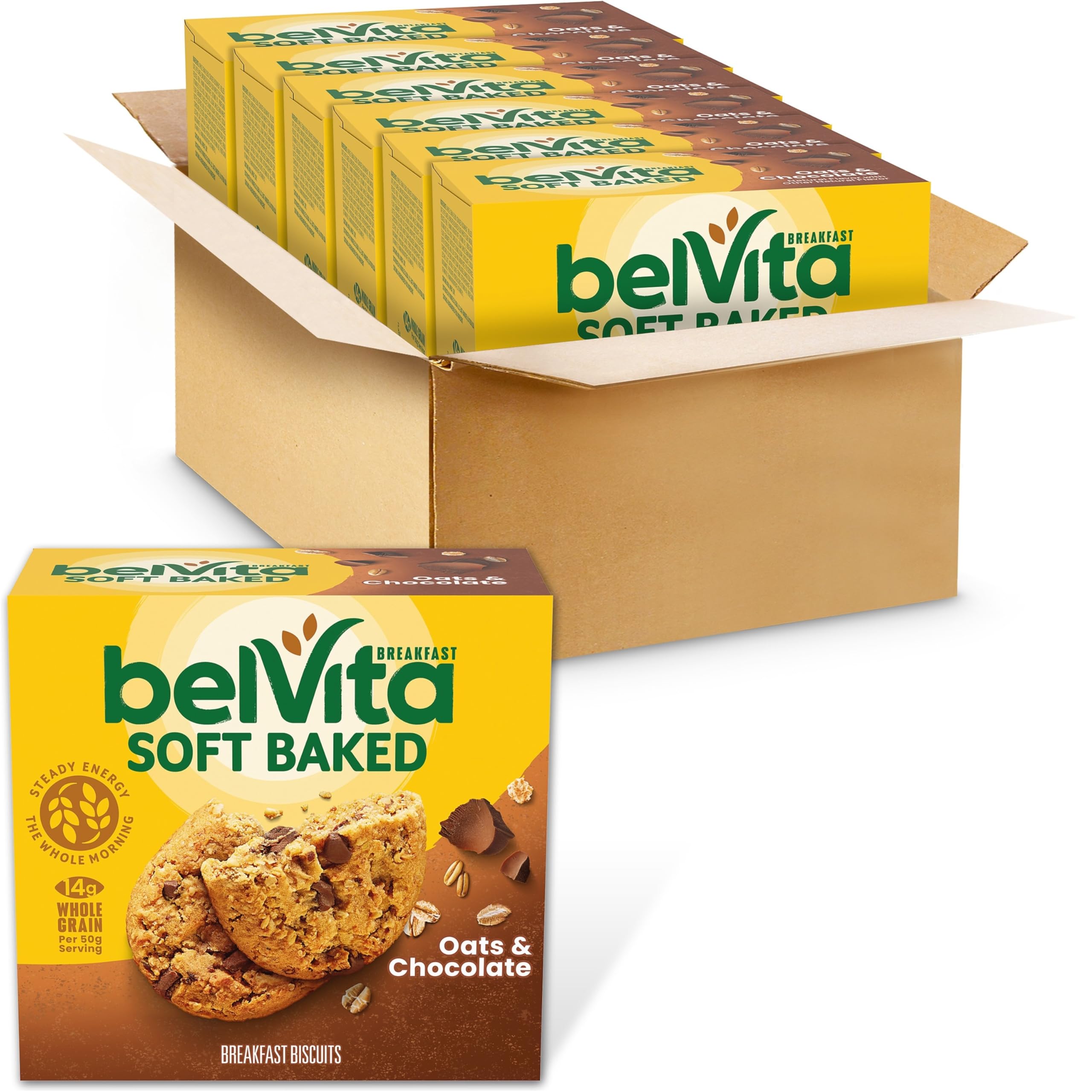 belVita Soft Baked Oats & Chocolate Breakfast Biscuits, Chewy Breakfast Bars, 6 Boxes of 5 Packs (1 Biscuit Per Pack)