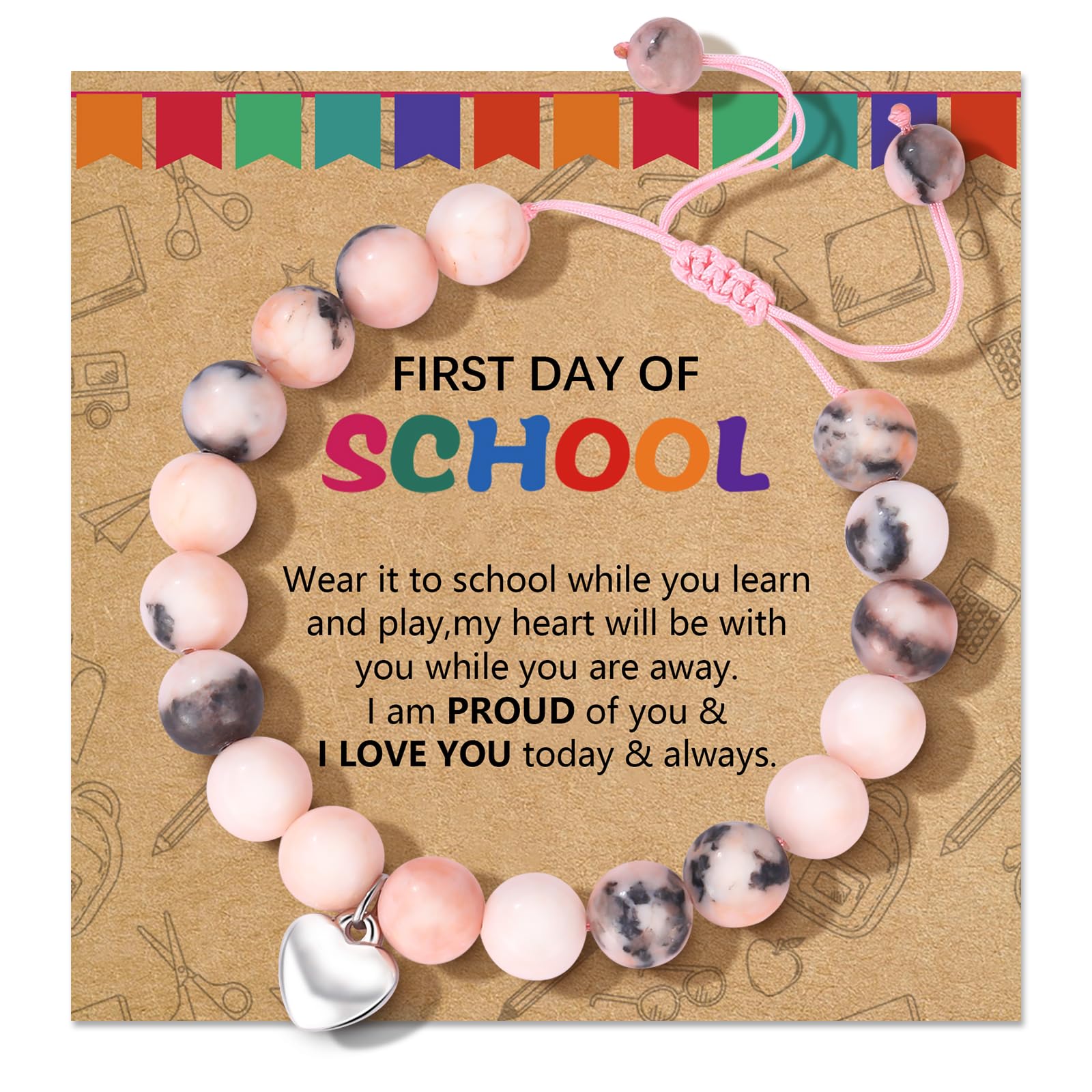 Alissl Back to School Gifts for Girls, Adjustable Pink Natural Stone Bracelet with Sweet Heart Charm Gifts for Teen Girls Daughter Granddaughter Niece