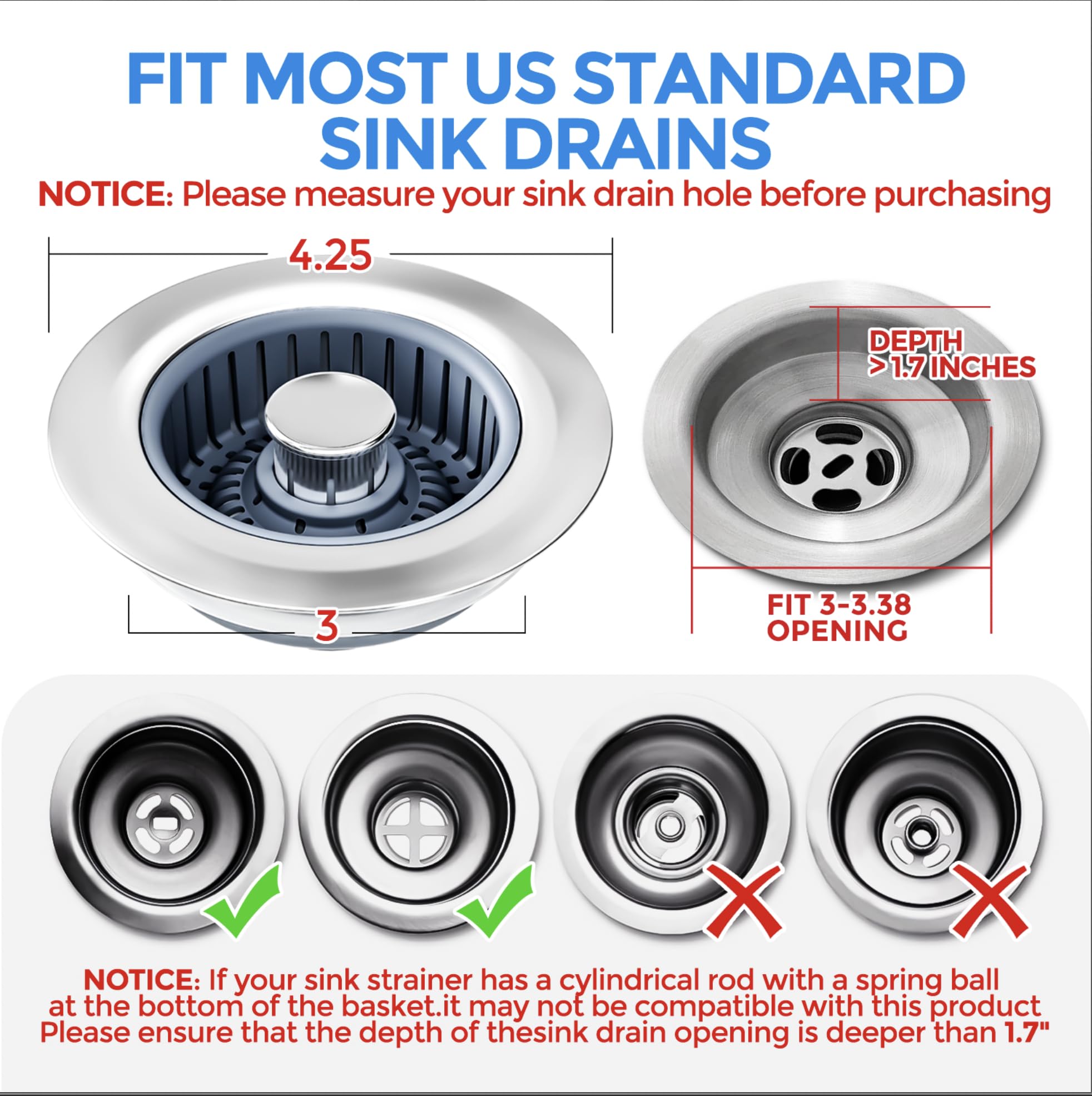Sink Drain Strainer - Sink Stopper Kitchen Drain, 3 in 1 Kitchen Sink Drain Strainer with Anti-Clogging Basket, Kitchen Gadgets Clearance Sink Accessories, Fit US Standard 3-1/2'' Sink Hole, Silver