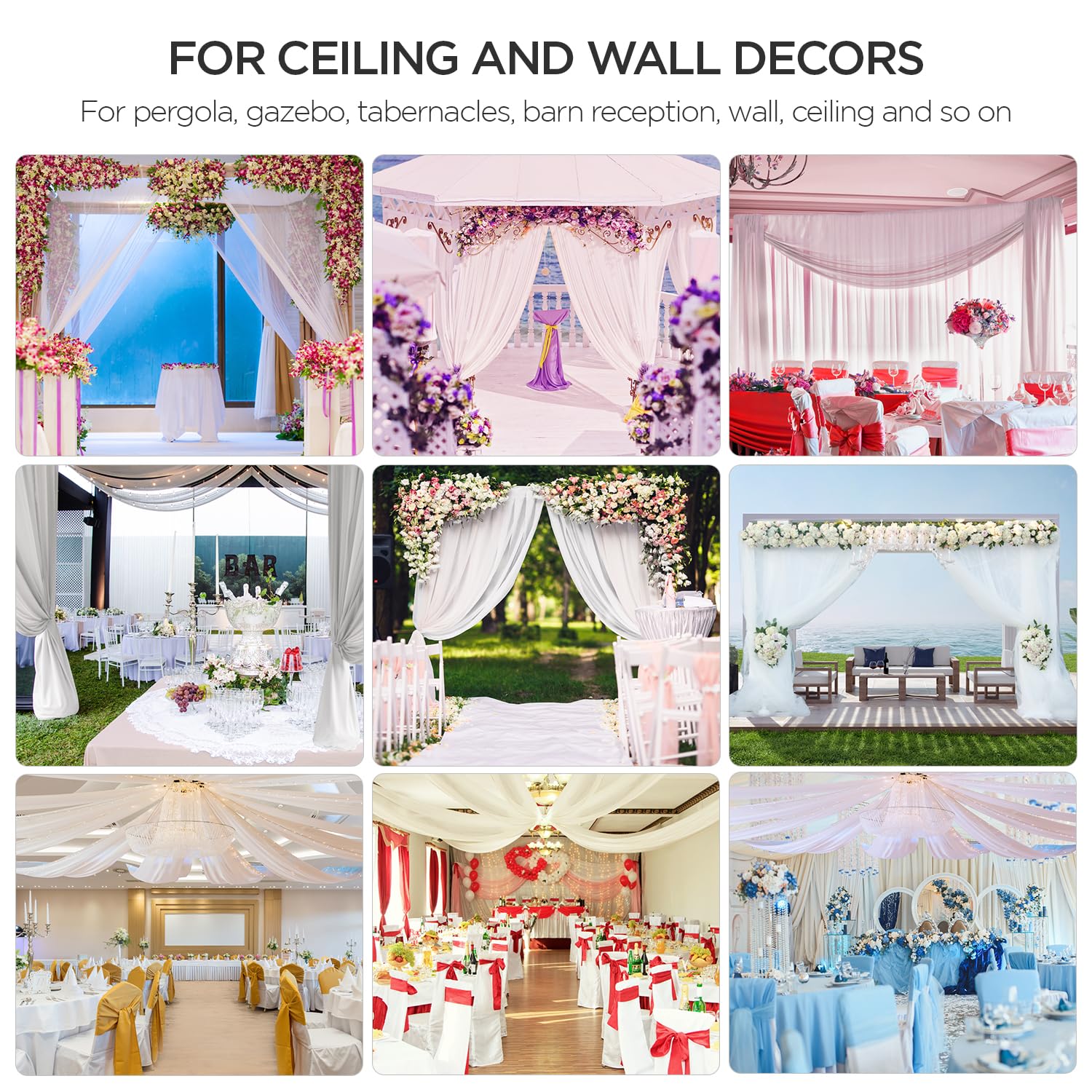 boldworks Ceiling Drapes Hanging Kit with Hoop and 6 Panels 5ftx10ft White Draping Fabric for Wedding Sheer Chiffon Ceiling Drapes for Weddings Arch Decorations Party Events Tent Drapery