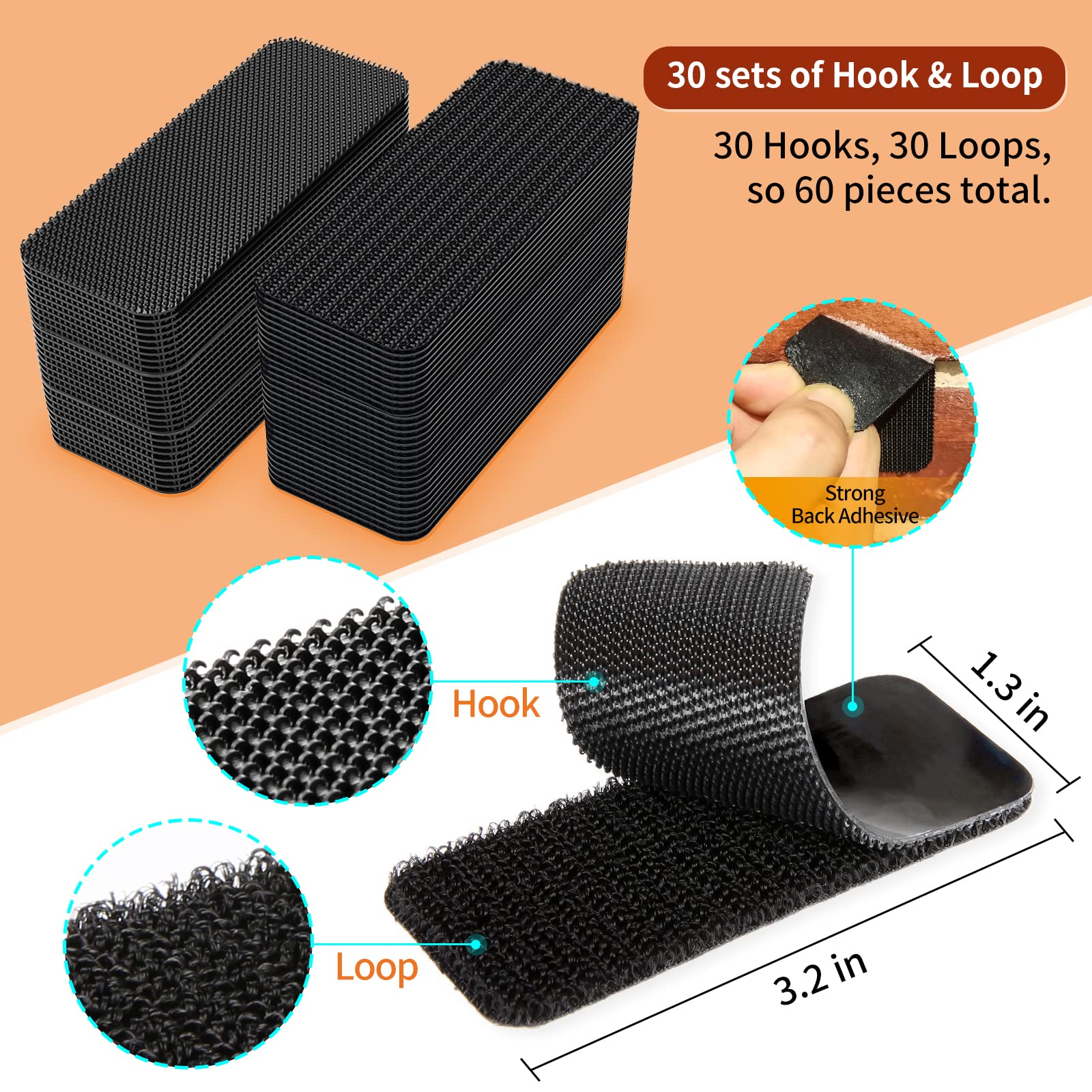 PHIXBEAR 30 Sets Industrial Heavy Duty Hook and Loop Strips with Adhesive, Strong Back Adhesive Double Sided Hook Loop Tape, Black Sticky Fasten for Rough Surfaces,Indoor or Outdoor Use,1.3x3.2 Inch
