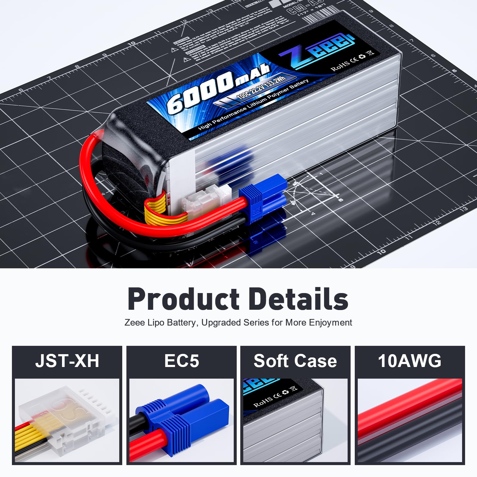Zeee 22.2V 100C 6000mAh 6S Lipo Battery with EC5 Connector RC Battery for RC Car Truck RC Airplane Helicopter Quadcopter Boat