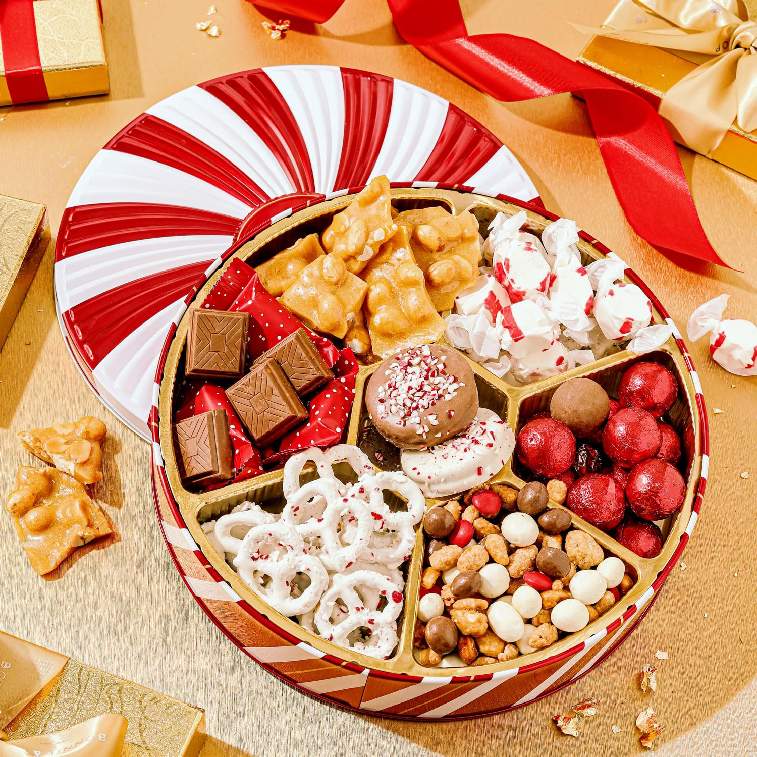 BONNIE AND POP Christmas Gift Basket - Holiday Gifts - Chocolate & Nut Gift Box, Assortment Tray - Birthday, Sympathy, Get Well, Men, Women & Families (Lazy Susan)