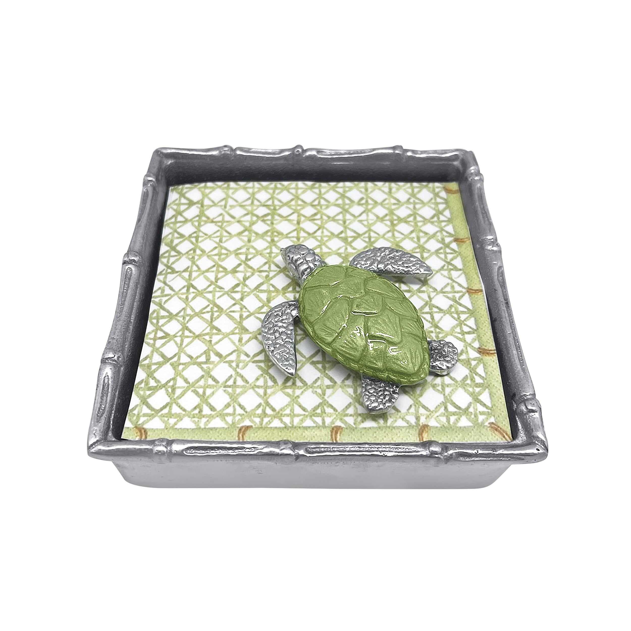 MARIPOSA Green SEA Turtle Bamboo Set Handcrafted Napkin Box, One Size, Silver