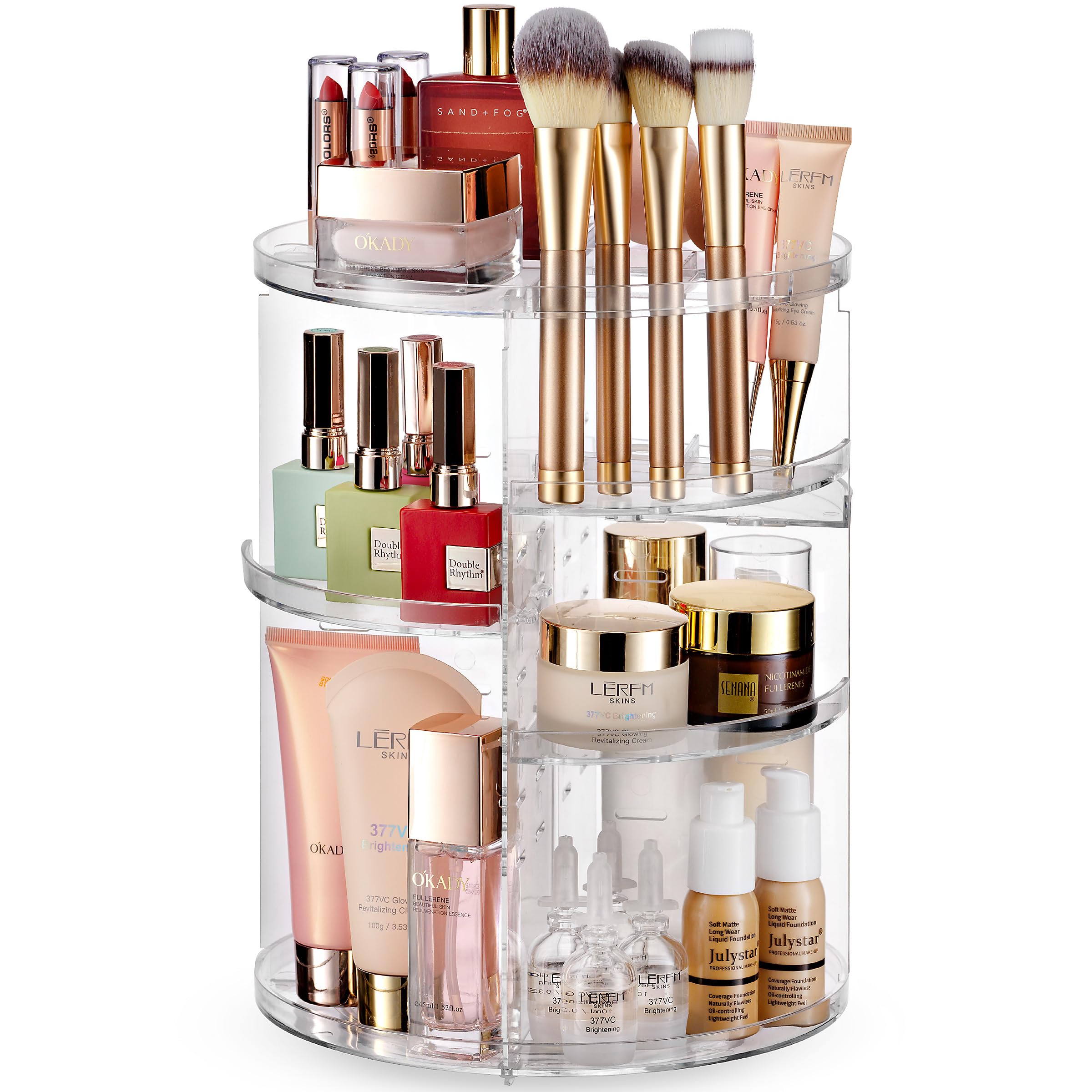 Masirs, Rotating Makeup Organizer - Adjustable Shelf Height and Fully Rotatable, The Perfect Round Spinning Cosmetic Organizer for Bedroom Dresser or Vanity Countertop Storage. (Clear)