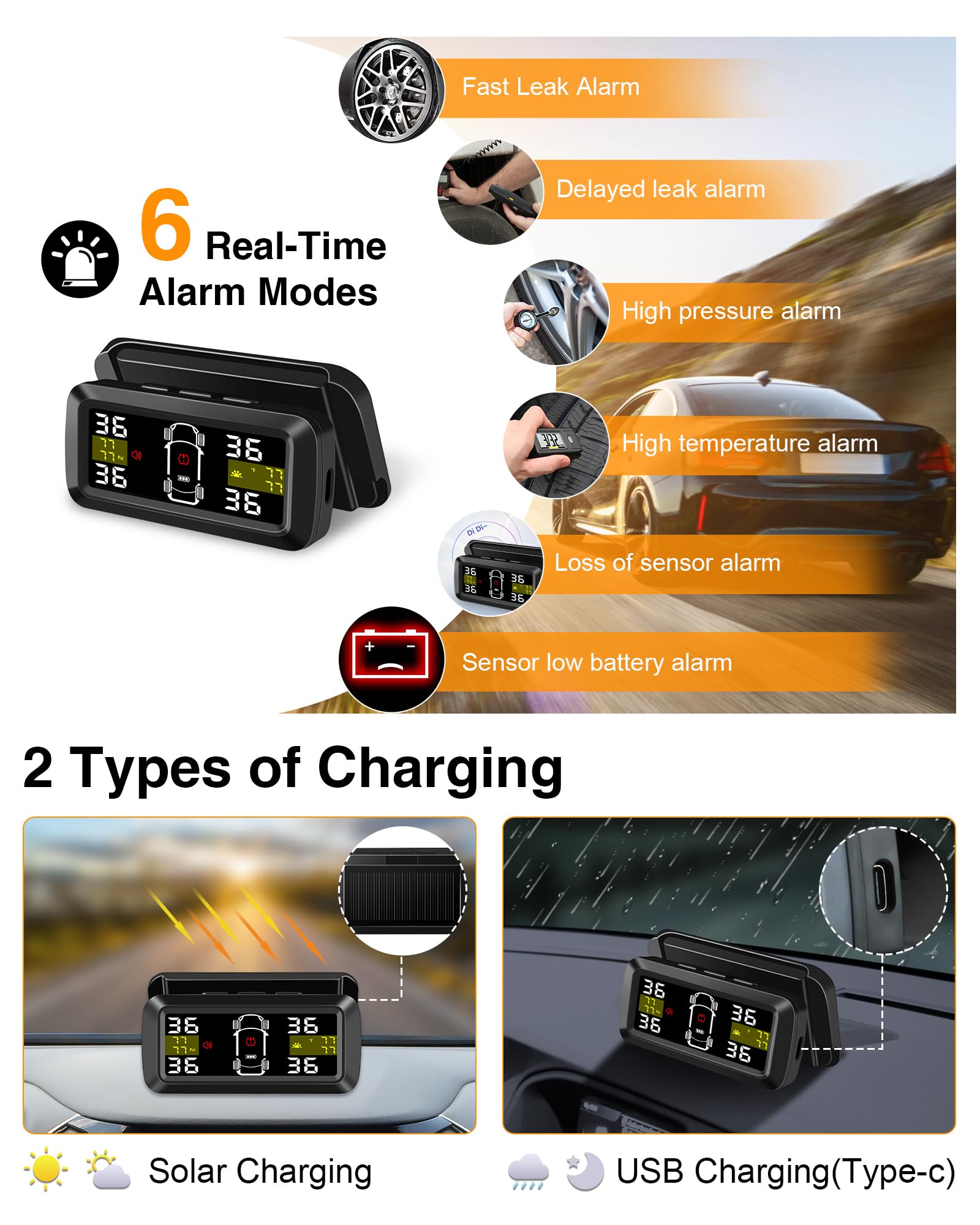 Tire Pressure Monitoring System 【2024 Upgrade Detached Bracket】Wireless Solar TPMS Tire Pressure Monitor Installed on Windowshield with 4 External Sensors Real-Time Display 5-87PSI for Car RV SUV MPV