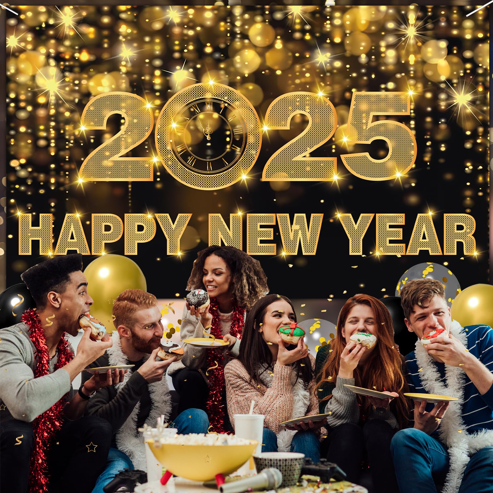 Happy New Year Decorations 2025, 70.8 * 45IN Happy New Year Banner 2025 Happy New Year Backdrop for Black and Gold New Years Eve Party Supplies 2025