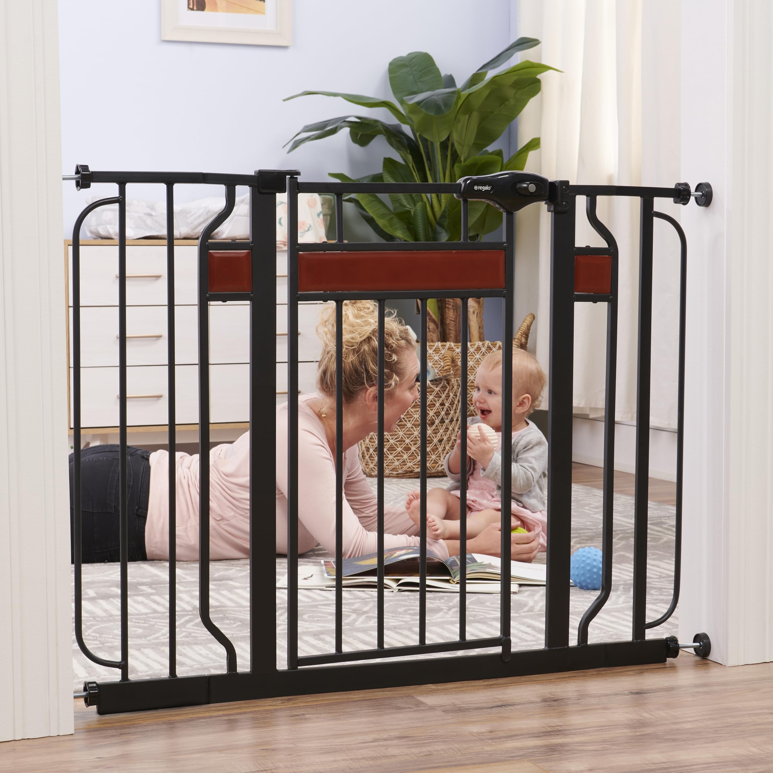Regalo Home Accents Extra Wide Walk Thru Baby Gate, Includes Décor Hardwood, 4-Inch Extension Kit, 4-Inch Extension Kit, 4 Pack of Pressure Mount Kit and 4 Pack of Wall Cups and Mounting Kit