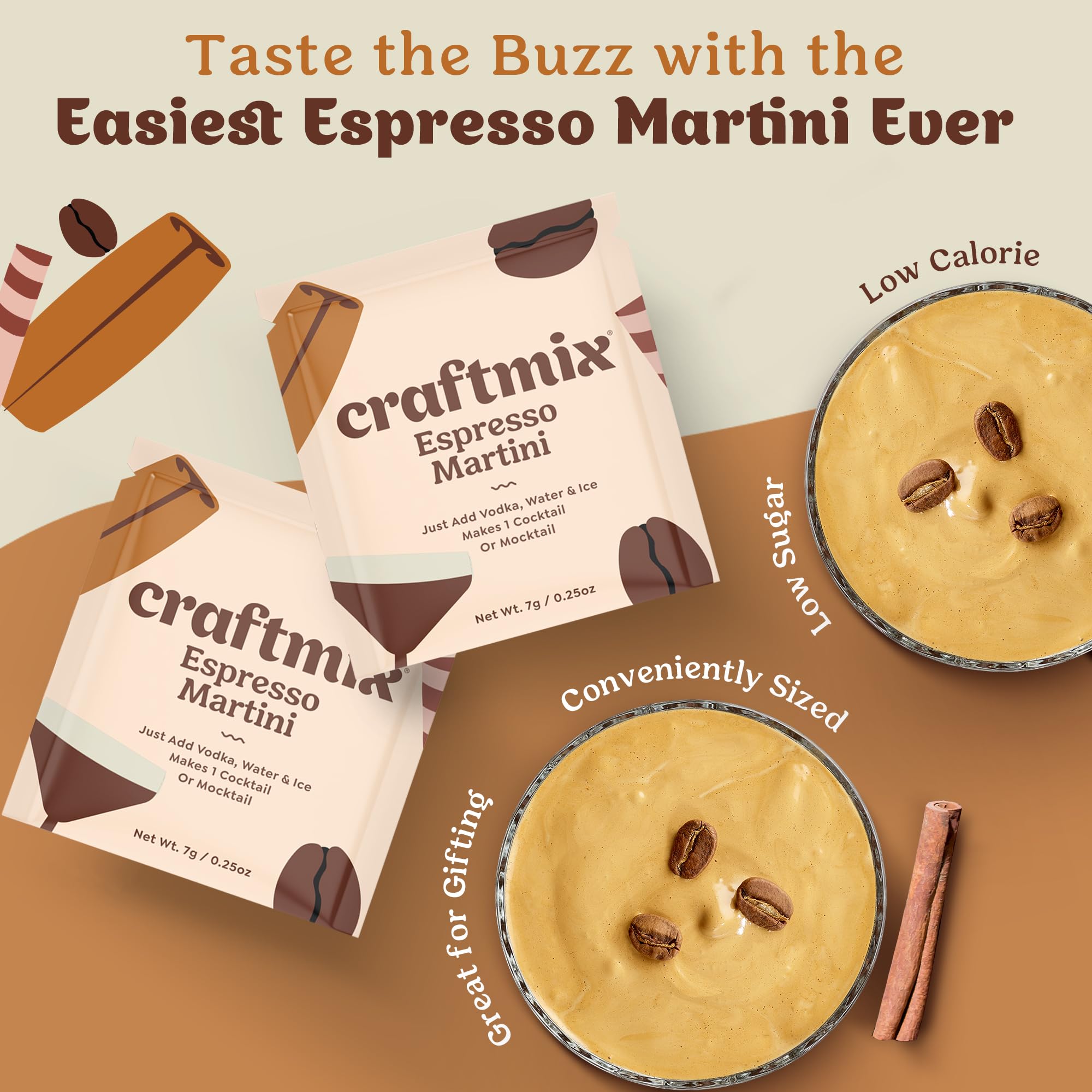 Craftmix Espresso Martini Cocktail & Mocktail Drink Mixer, Skinny Mixes - Water Flavoring Packets - Made With Real Coffee Beans - Vegan, Low-Carb, Low-Sugar, Non-GMO, Dairy Free, Gluten Free, 12 Pack