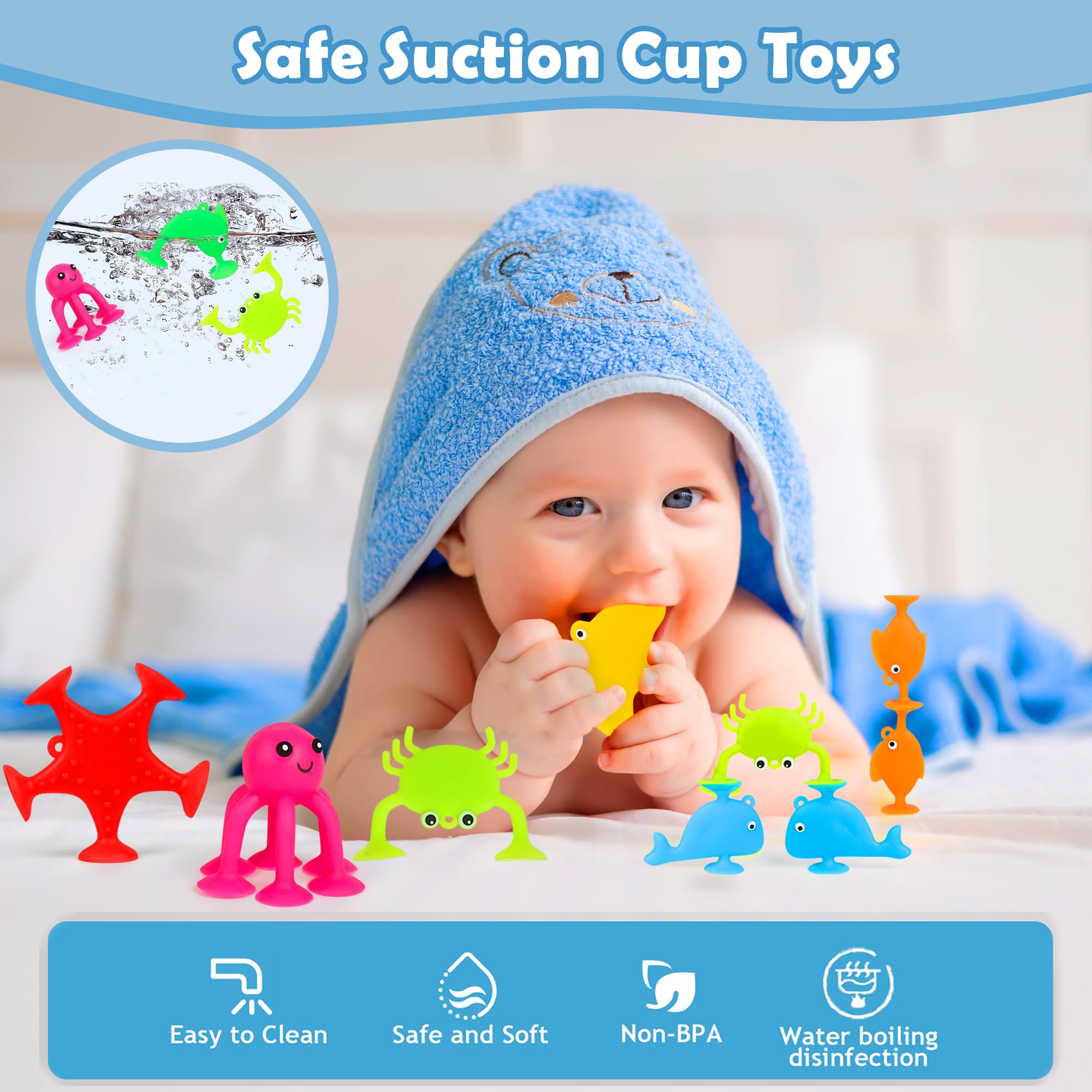 Baby Suction Cup Toys, 18 PCS Silicone Ocean Animals Suckers, Bath Toys for Kids Ages 4-8, Sensory Window Travel Easter Stuffers Toys for Toddlers Boys Girls 3 4 5 6 Year Old