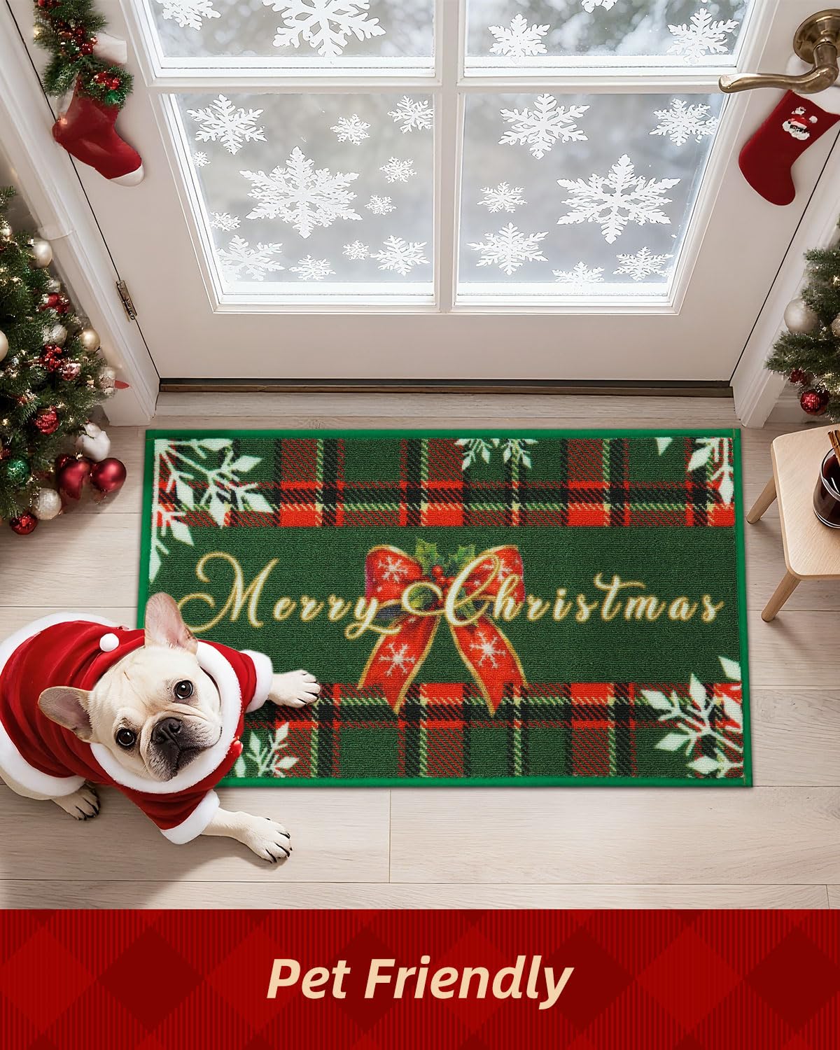 JSEI Door Mat Green Buffalo Plaid Christmas Mat 17"x30", Non-Slip Mats for Entryway with Merry Christmas Greeting and Bow Snowflake Design, Machine-Washable Xmas Doormat for Front Back Door