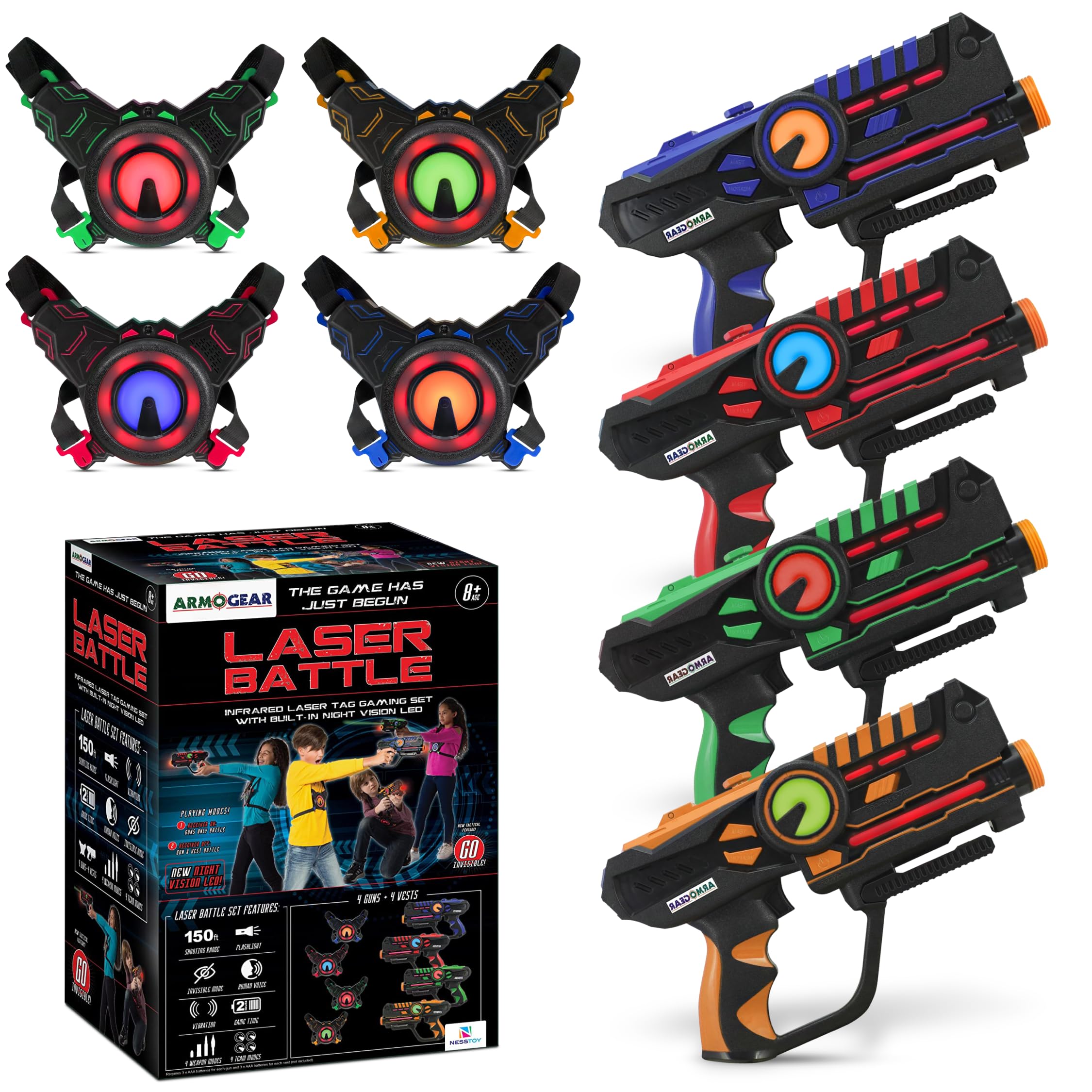 ArmoGear Laser Tag Guns with Vests Set of 4 Multi Player Laser Tag Set for Kids Toy for Teen Boys and Girls Indoor and Outdoor Game for Kids, Adults and Family - Boys and Girls Gift, Ages 8 and Above