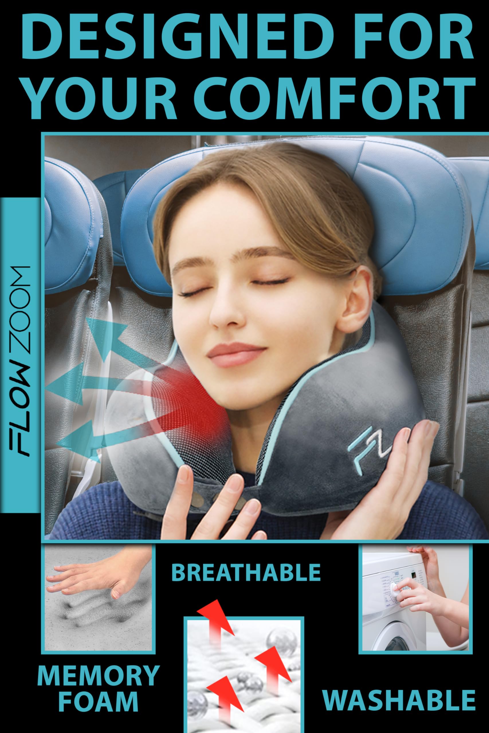 FLOWZOOM Travel Pillow Memory Foam - Airplane Neck Pillow for Long Flight - Travel Pillows for Airplanes - Adjustable Travel Neck Pillow - Flight Pillow - Car & Plane Pillow - Adults, Grey