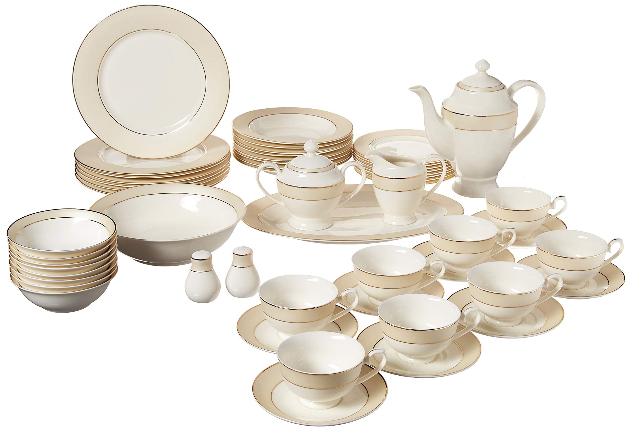 Lorren Home Trends La Luna Bone China 57-Piece Beige Border with 24K Gold Trim Dinnerware Set, Service for 8