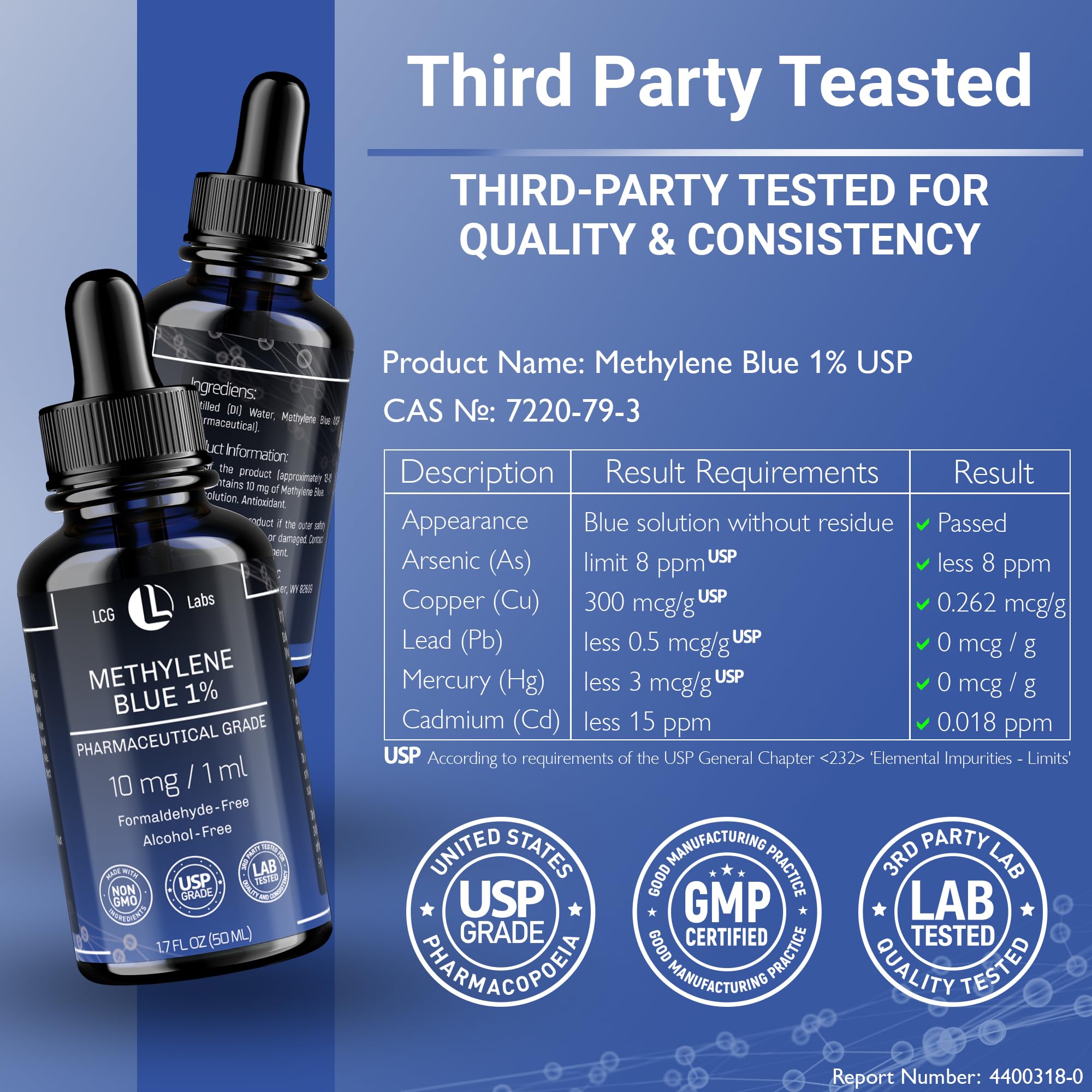 LCG LABS Methylene Blue Pharmaceutical Grade - Methylene Blue 1% - Liquid Drops Aqueous Solution 10 mg / 1 ml - Third Party Tested - Formaldehyde & Alcohol-Free - Made in USA 1.7 Fl OZ