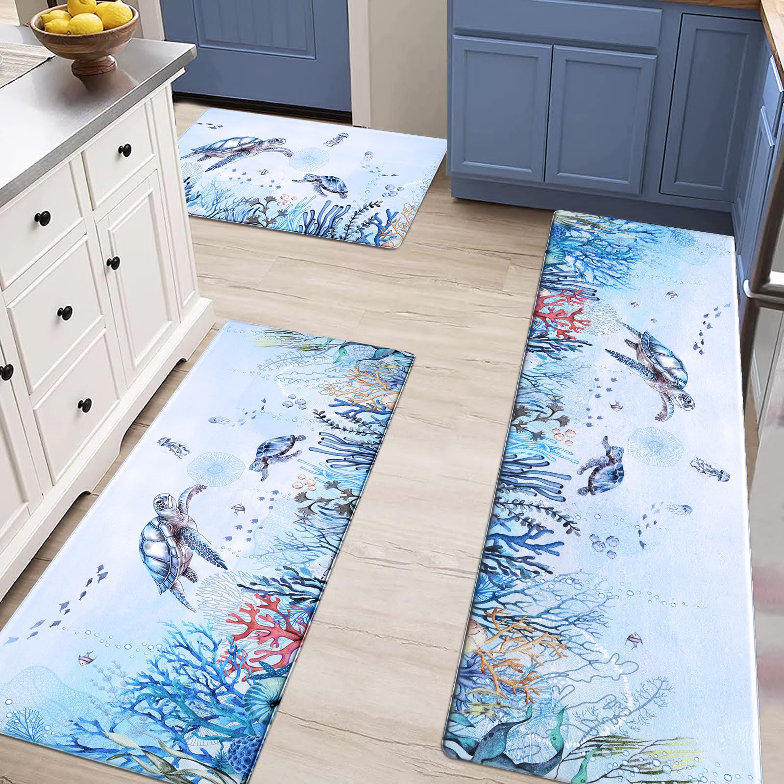 ASPMIZ Ocean Kitchen Rugs Sets of 3 Non Slip Washable, Sea Turtle Anti Fatigue Kitchen Mat Cushioned, Waterproof Nautical Coral Kitchen Floor Mats Runner Rug, 17'' x 60'' + 17'' x 47'' + 17'' x 30''