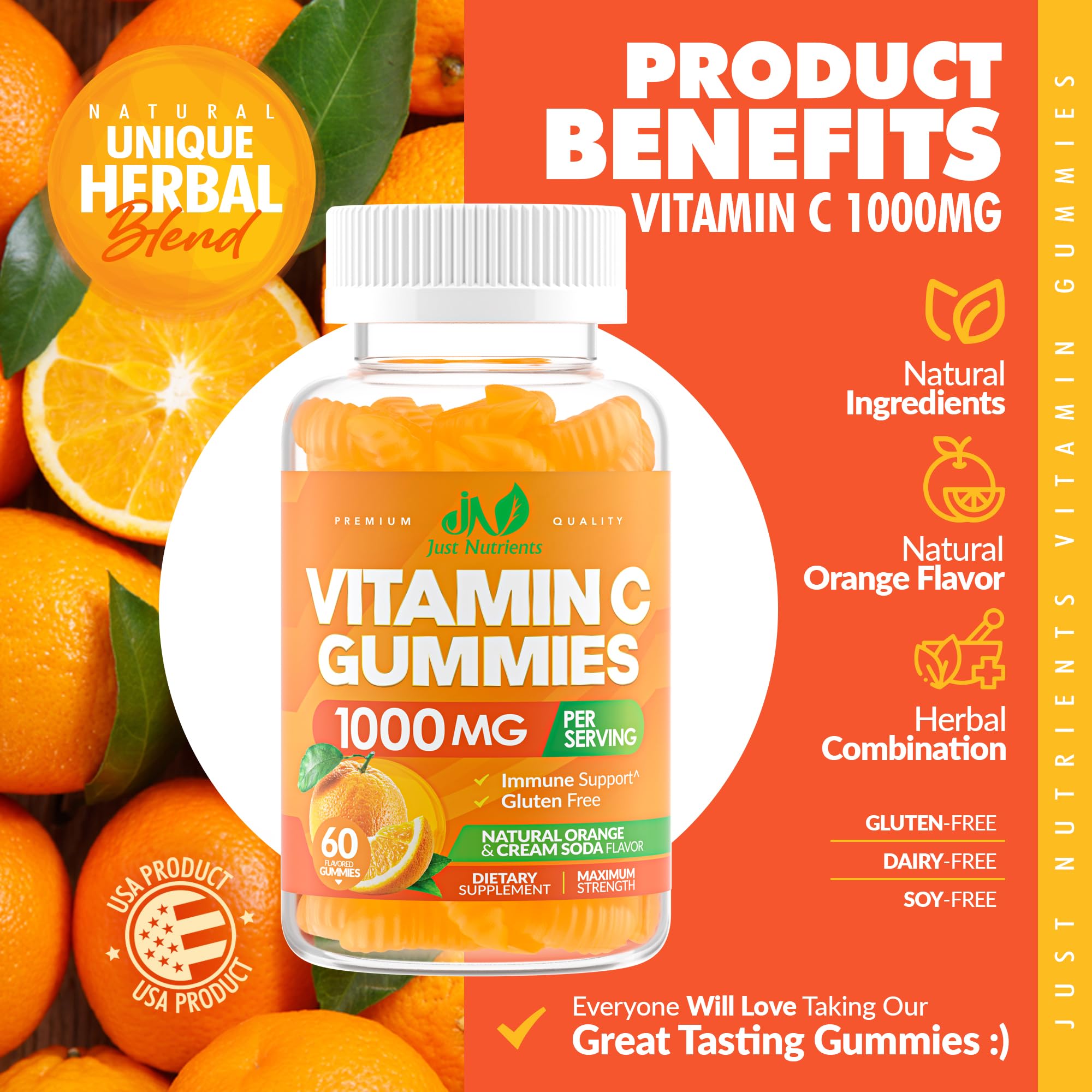 Vitamin C 1000mg Gummies for Adults & Kids – Multivitamin with Zinc & Herbal Extracts for Immune & Collagen Support for Skin – Orange Flavor – Gluten Free, Non-GMO, Vegetarian – 60 Gummies