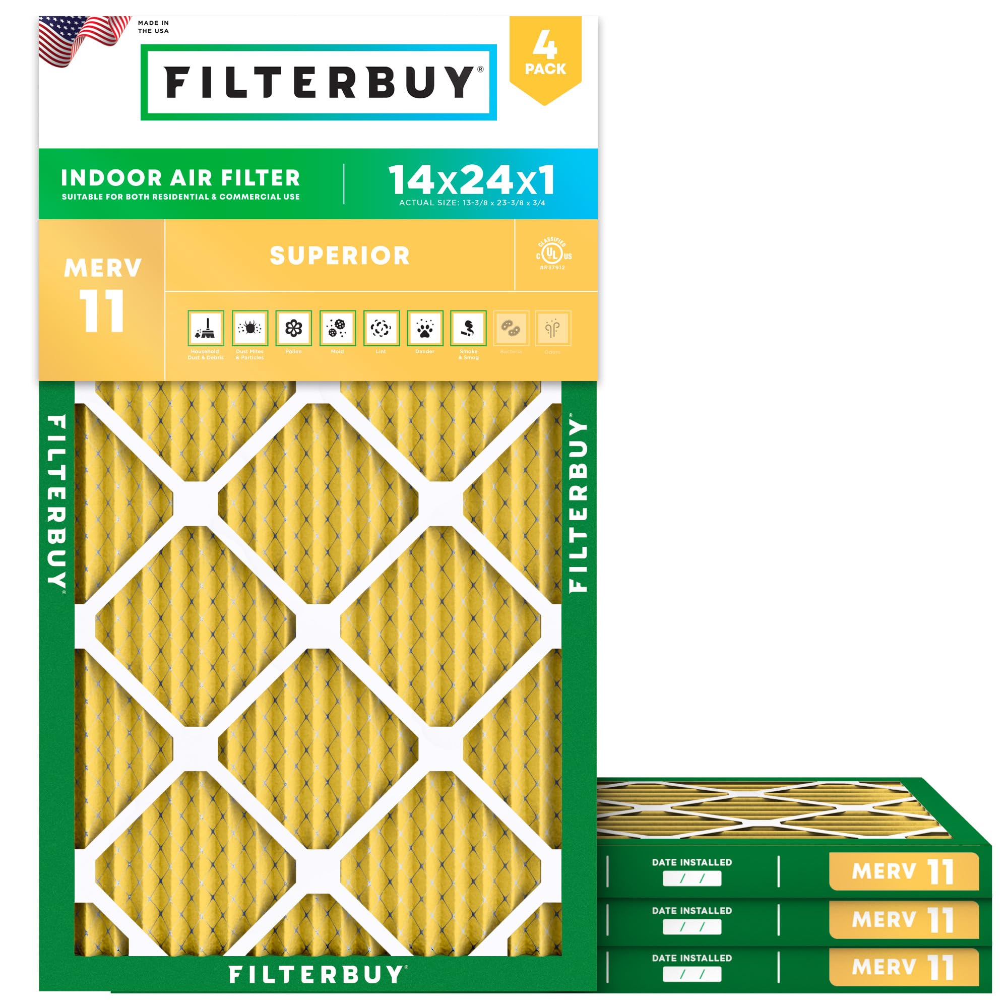 Filterbuy 14x24x1 Air Filter MERV 11 Allergen Defense (4-Pack), Pleated HVAC AC Furnace Air Filters Replacement (Actual Size: 13.38 x 23.38 x 0.75 Inches)