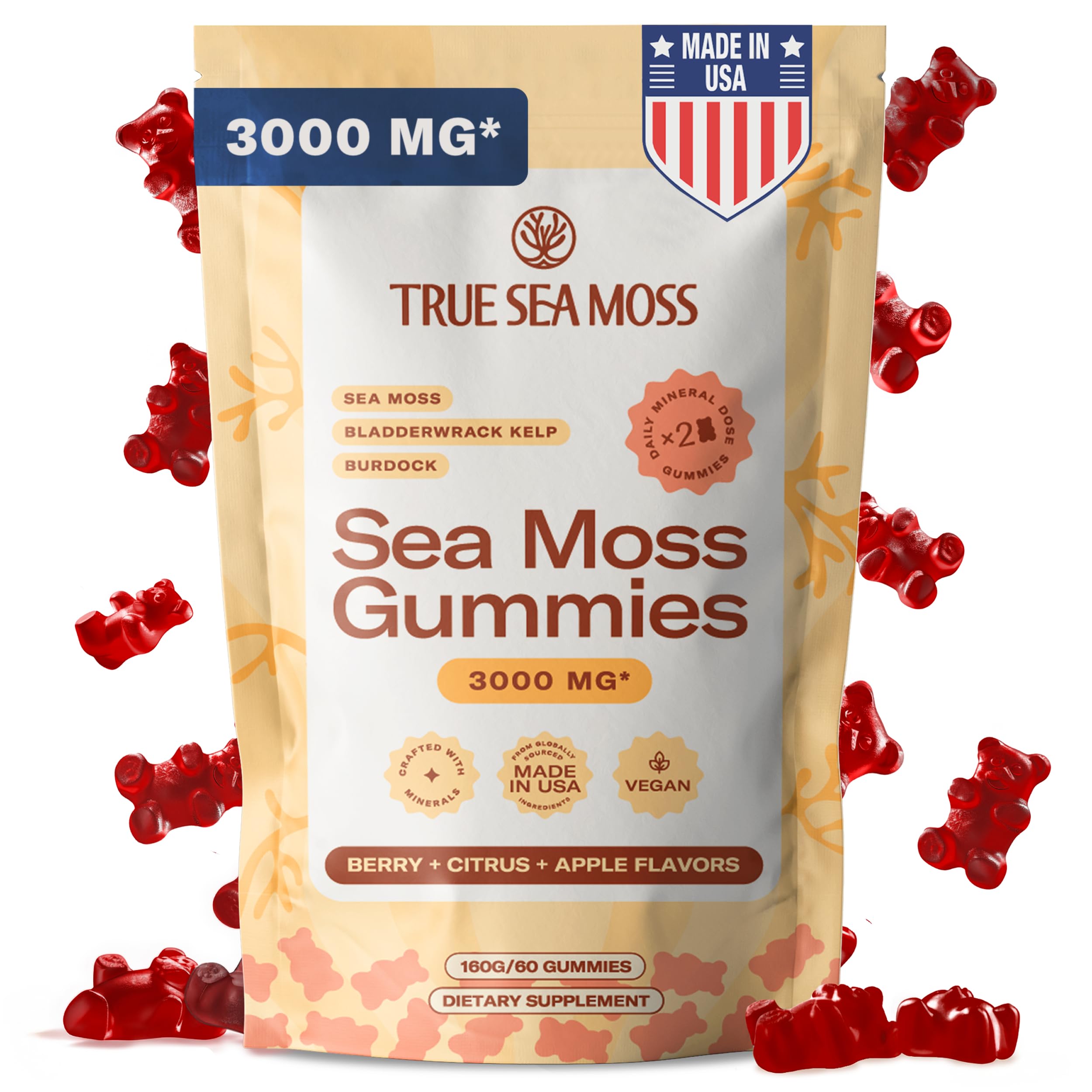 TrueSeaMoss Gummies 3000mg – Irish Sea Moss with Bladderwrack & Burdock Root – 3-in-1 Multi Mineral Vegan Supplement – Fruity Flavor Gummies for Immune & Gut Health – USA Made – 60 Count