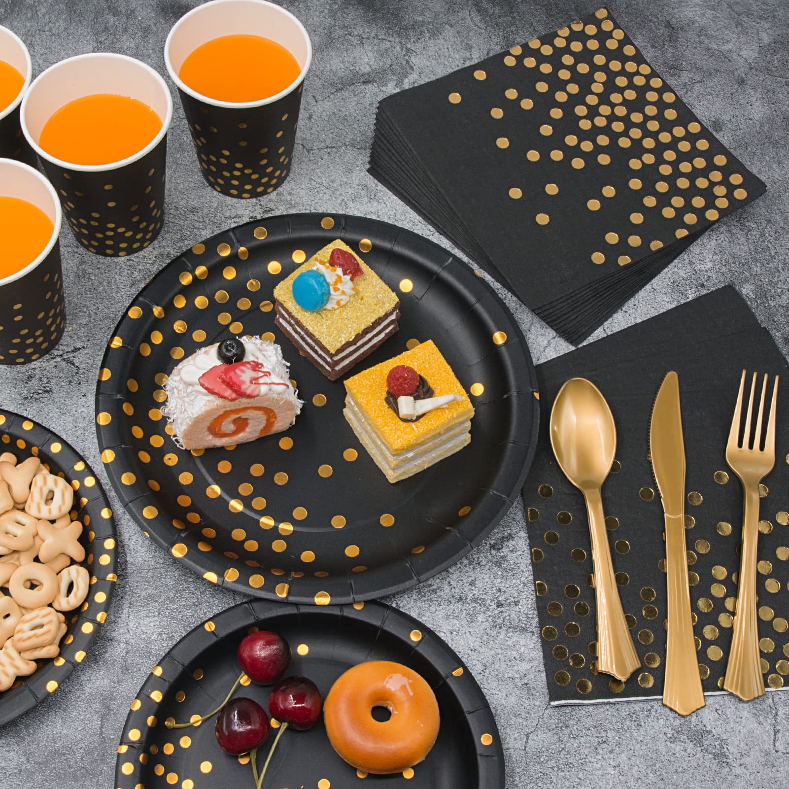 Black and Gold Party Supplies, 350PCS Disposable Dinnerware Set w/Black Paper Plates Napkin Cups Plastic Forks Knives Spoon for Women Men Birthday Christmas Retirement New Year Eve 2025 Decorations