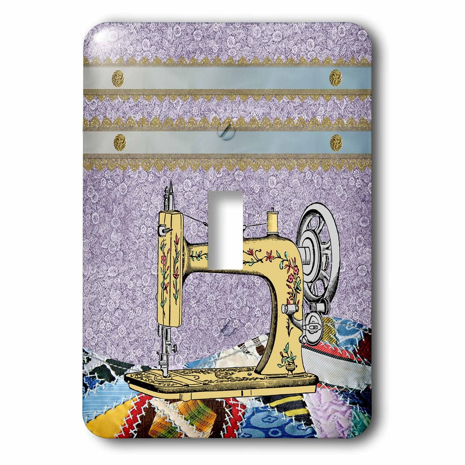 3dRose lsp_179325_1 Vintage Flowered Yellow Sewing Machine with Colorful Quilt Light Switch Cover