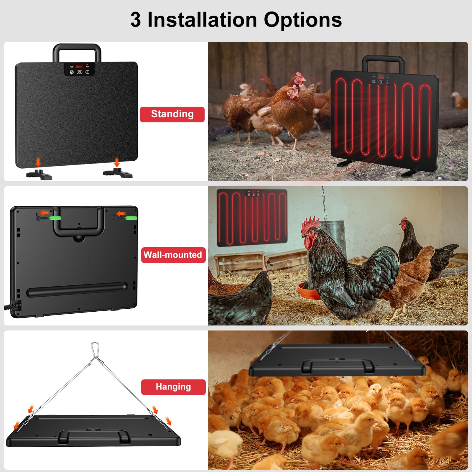 Winpull Chicken Coop Heater, Portable Radiant Chicken Heater, 5 Timing and 3 Temperature Levels, 100/200W Coop Heater with Thermostat Energy Efficient Safer Than Brooder Lamp, 3 Installation Style