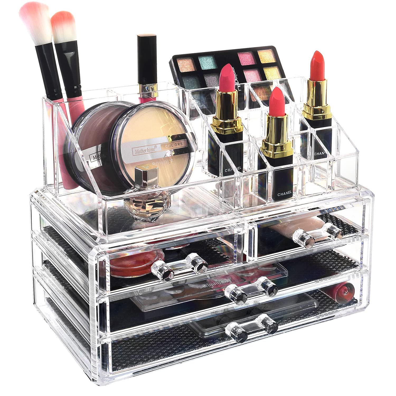 Ikee Design Acrylic Makeup Organizer with 4 Drawers and Removable Top Lipstick Holders, Ideal for Make-up or Accessories,Enhance Your Vanity or Bathroom with Clear Design for Quick Visibility