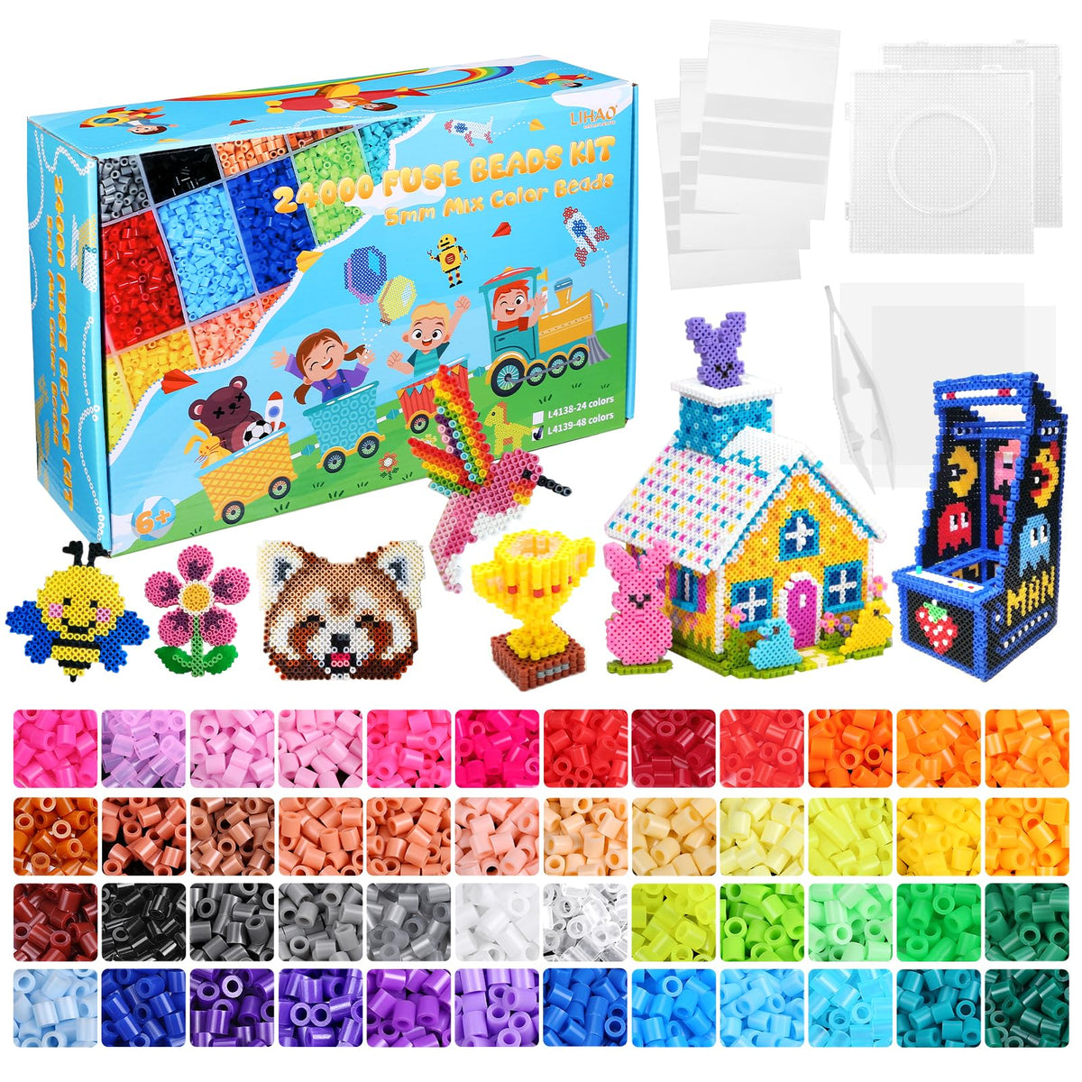 LIHAO 24000pcs Fuse Beads 48 Colors 5mm Small Beads for Jewelry Making with Letter Beads for Crafts Gifts