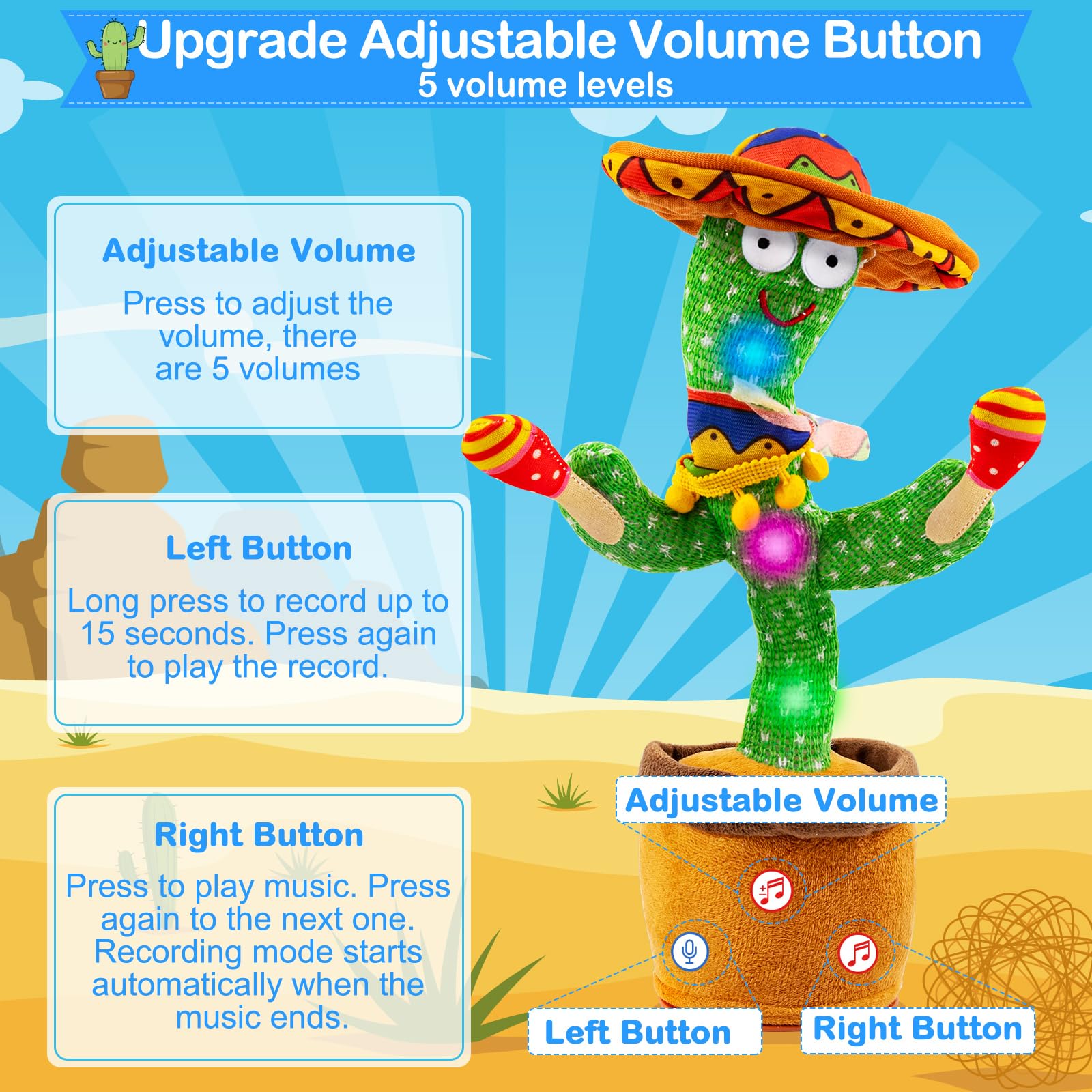 Ayeboovi Dancing Talking Cactus Toys for Baby Boys and Girls, Kids Adjust Volume Singing Record Repeating What You Say Sunny Cactus Mimicking Toy Electronic Light Up Plush Toy with 120 Songs