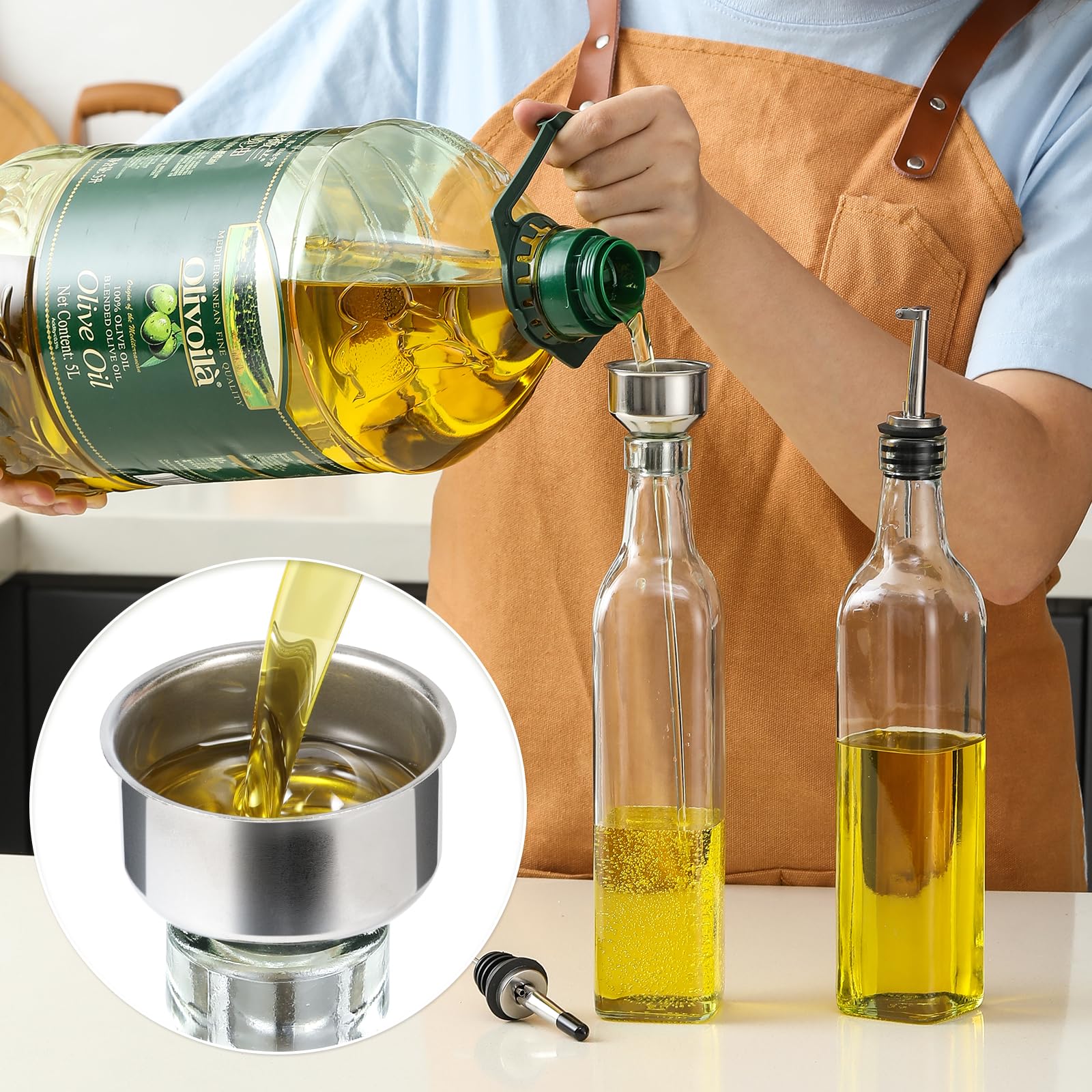 AOZITA 17oz Clear Glass Olive Oil Dispenser Bottle - 500ml Oil & Vinegar Cruet with Pourers and Funnel - Olive Oil Carafe Decanter for Kitchen