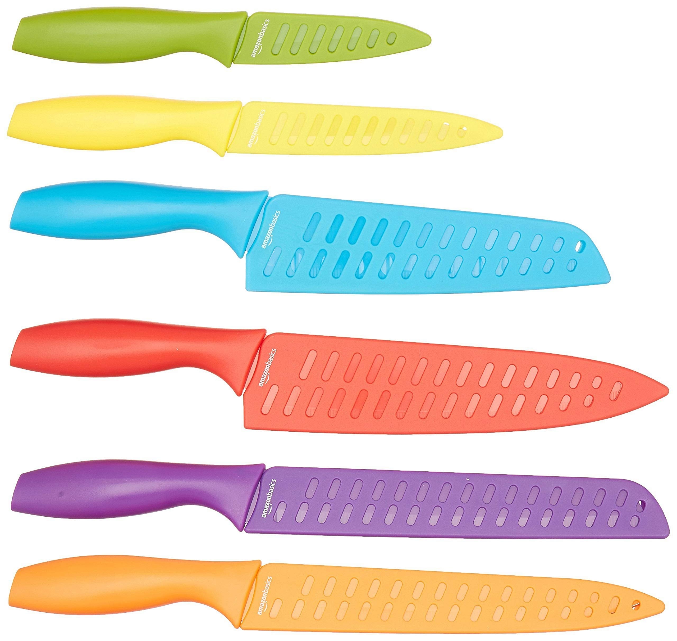 Amazon Basics Color-Coded Dishwasher Safe Kitchen 12-Piece Knife Set, 6 Knives with 6 Blade Guards, Multicolor, 13.88 x 4.13 x 1.38 inch