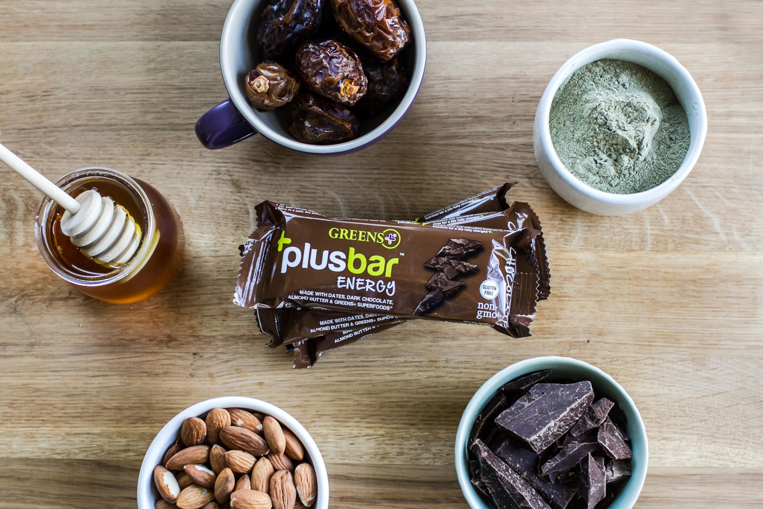 Greens+ Plusbar Energy Bars, Chocolate, Gluten Free Healthy Snacks with Organic Super Greens, Superfoods & Dark Chocolate, Vegan, Dairy Free & Non GMO, 8g Protein Meal Replacement Bars, 12 Bars