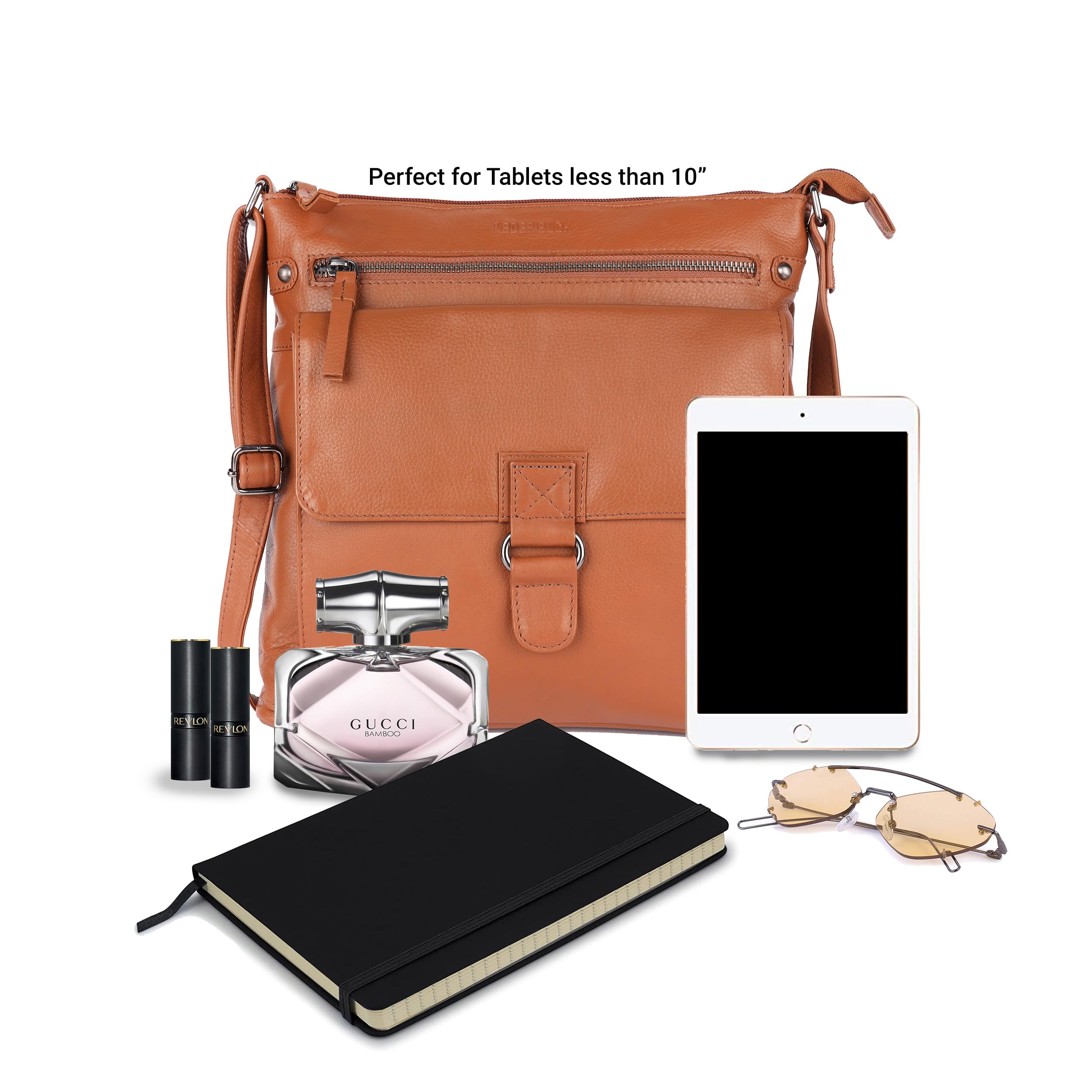 LEDERBUCK Shirley Large Soft Real Leather Crossbody handbag-Triple Zip Premium Sling Crossover Shoulder Bag for Women (Cognac)