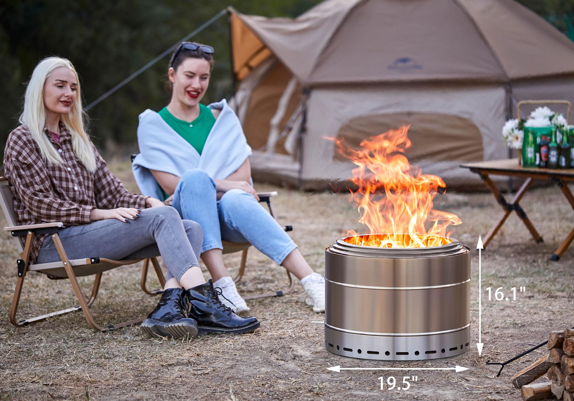 SURESTOVE Smokeless Fire Pit 19 Inch for Outdoor Wood Burning, Stainless Steel Portable Firepit with Ash Pan, Low Smoke Patio Bonfire for Camping, Backyard, Picnic, Deck Use