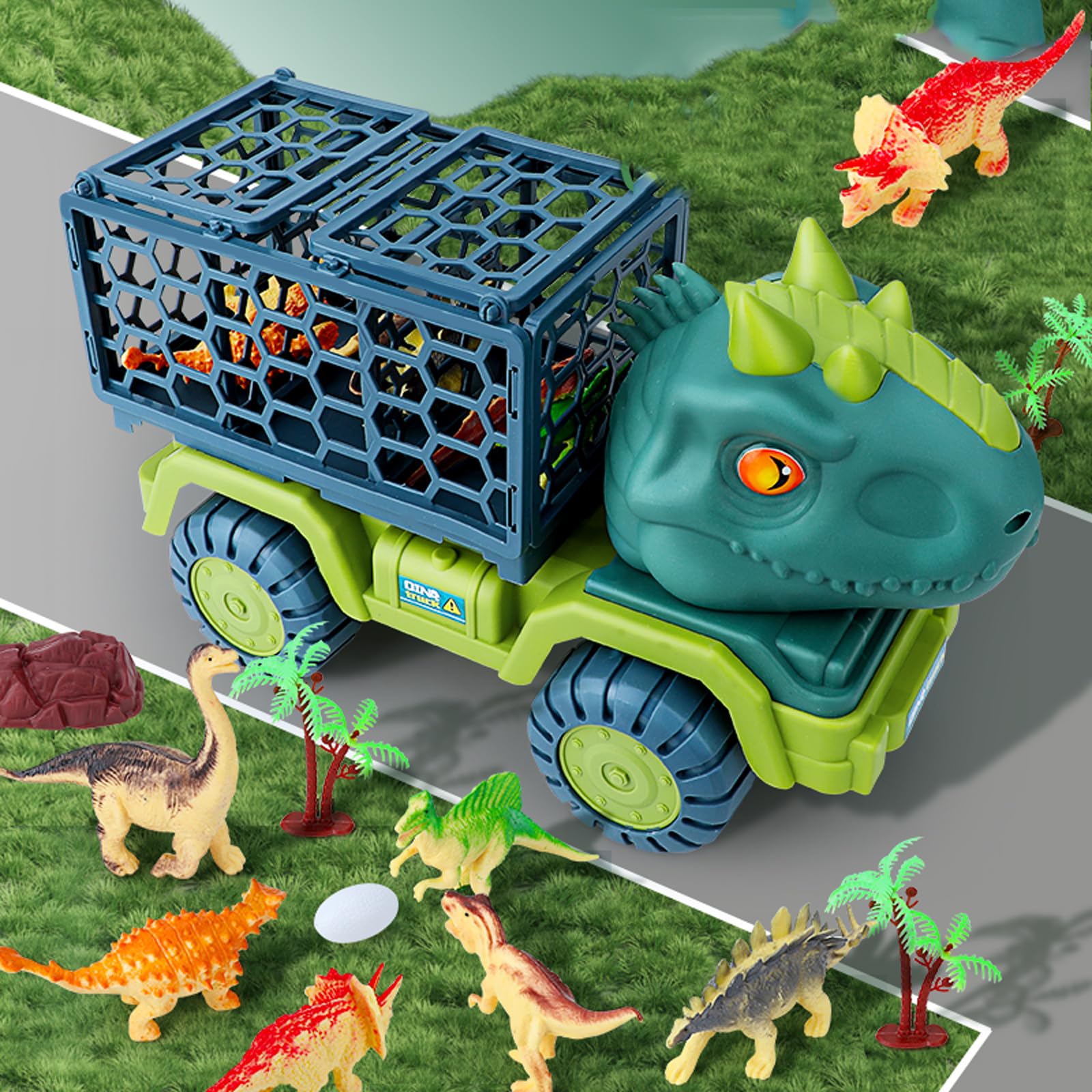 Hummigoo Dinosaur Truck Toys for Kids 3-5, Tyrannosaurus Transport Car Truck with 15 Dino Figures, Play Mat & Trees, Eggs, Dinosaur Play Set for Boys and Girls 3 4 5 6 7 8 Years Old