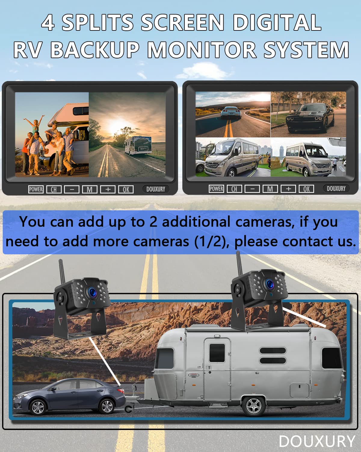 FHD 1080P 2 Digital RV Wireless Backup Camera System for RV Trailer Truck Bus Motorhomes 5th Wheels 4CH 7'' Monitor Highway Monitoring System IP69K Waterproof Super Night Vision Strong Signal