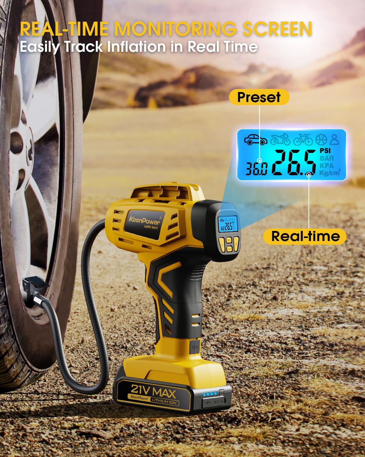 KeenPower Tire Inflator Portable Air Compressor - 2X Faster - 21V Rechargeable Battery Powered Handheld 160PSI Tire Inflator, Dual Power Supply Modes, Air Pump for Car Motorcycle E-Bike