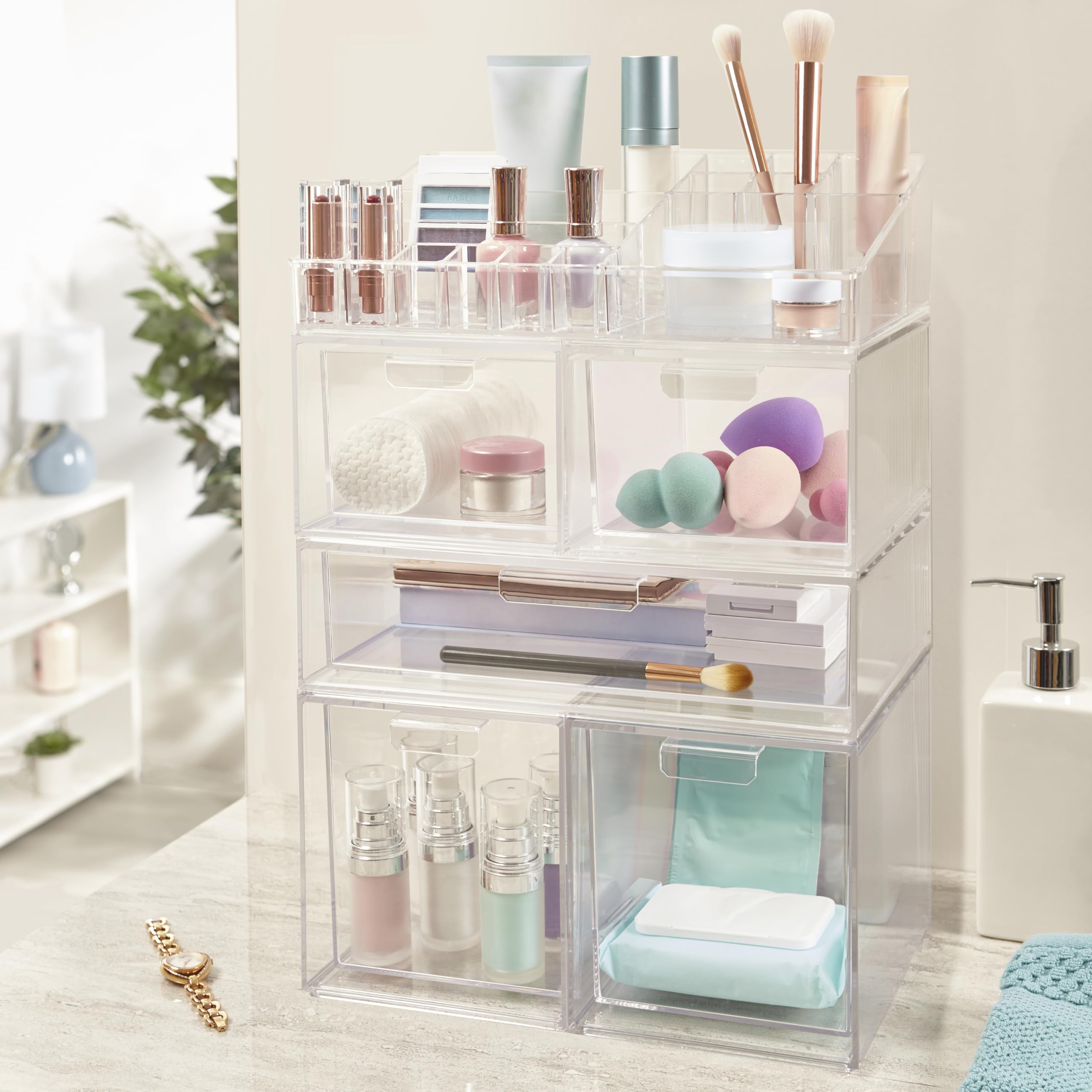 STORi Audrey Clear Vanity Makeup Organizer | 15-Compartment Holder for Brushes, Eyeshadow Palettes, & Beauty Supplies | Stacks on Audrey Storage Drawers | Made in USA